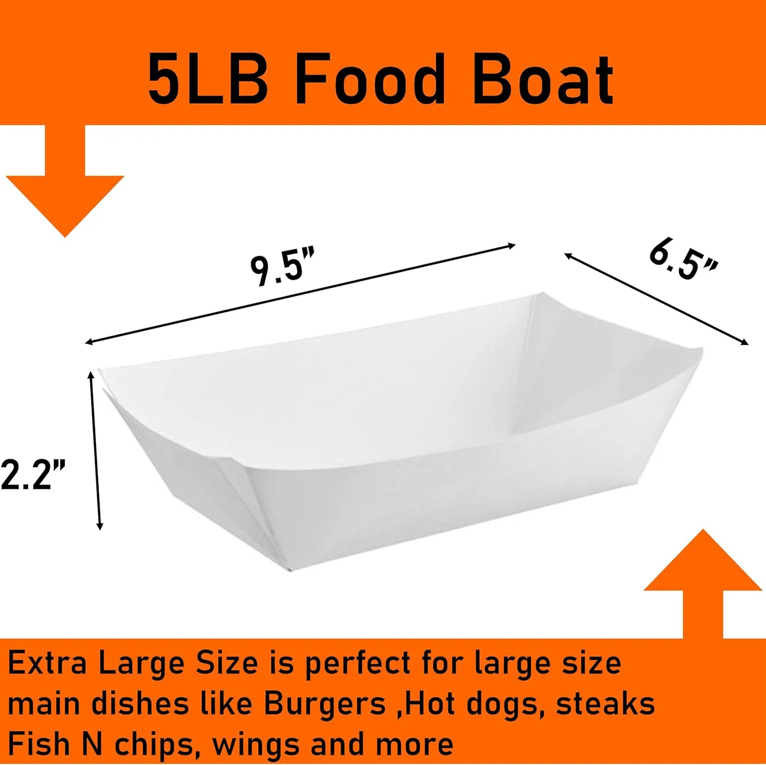 Mr Miracle Paper Food Trays. Plain White Boats. Extra Large 5 Lb Size. 100 Pack, Disposable, Recyclable Serving Boats for Condiments, Snacks and Concession Food, Grease Ressistant