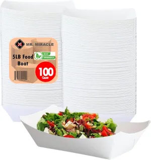 Mr Miracle Paper Food Trays. Plain White Boats. Extra Large 5 Lb Size. 100 Pack, Disposable, Recyclable Serving Boats for Condiments, Snacks and Concession Food, Grease Ressistant