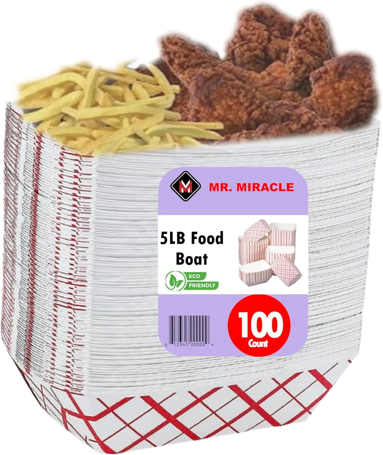 Mr Miracle Paper Food Trays, Red & White Checkered Paper. Extra Large (5LB). 100 Pack, Disposable, Recyclable Serving Boats.For Condiments, Snacks & Concession Food, Grease Ressistant