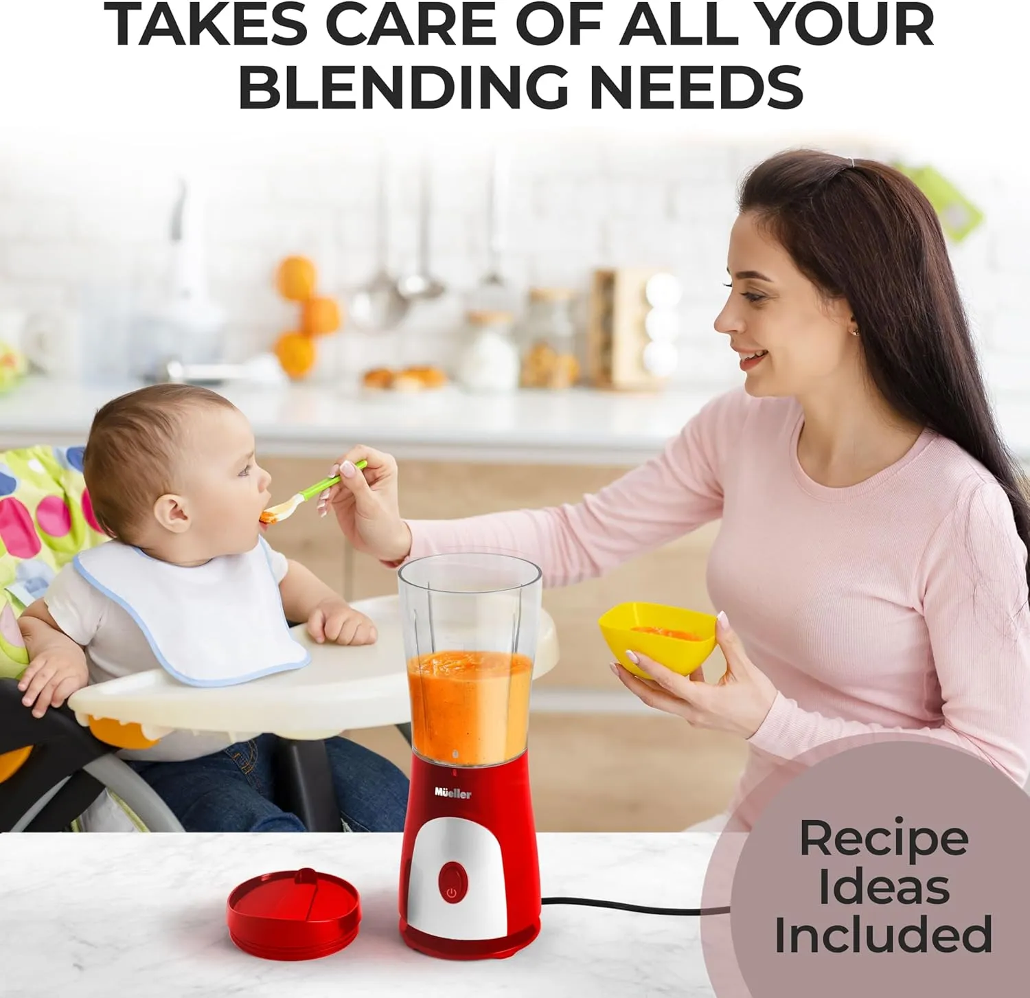 Mueller Smoothie Blender for Smoothies - Personal Blender for Shakes, Frozen Drinks, Baby Food & More, 15oz Travel Cup and Lid, Durable Stainless Steel Blades for Powerful Blending Performance, Red