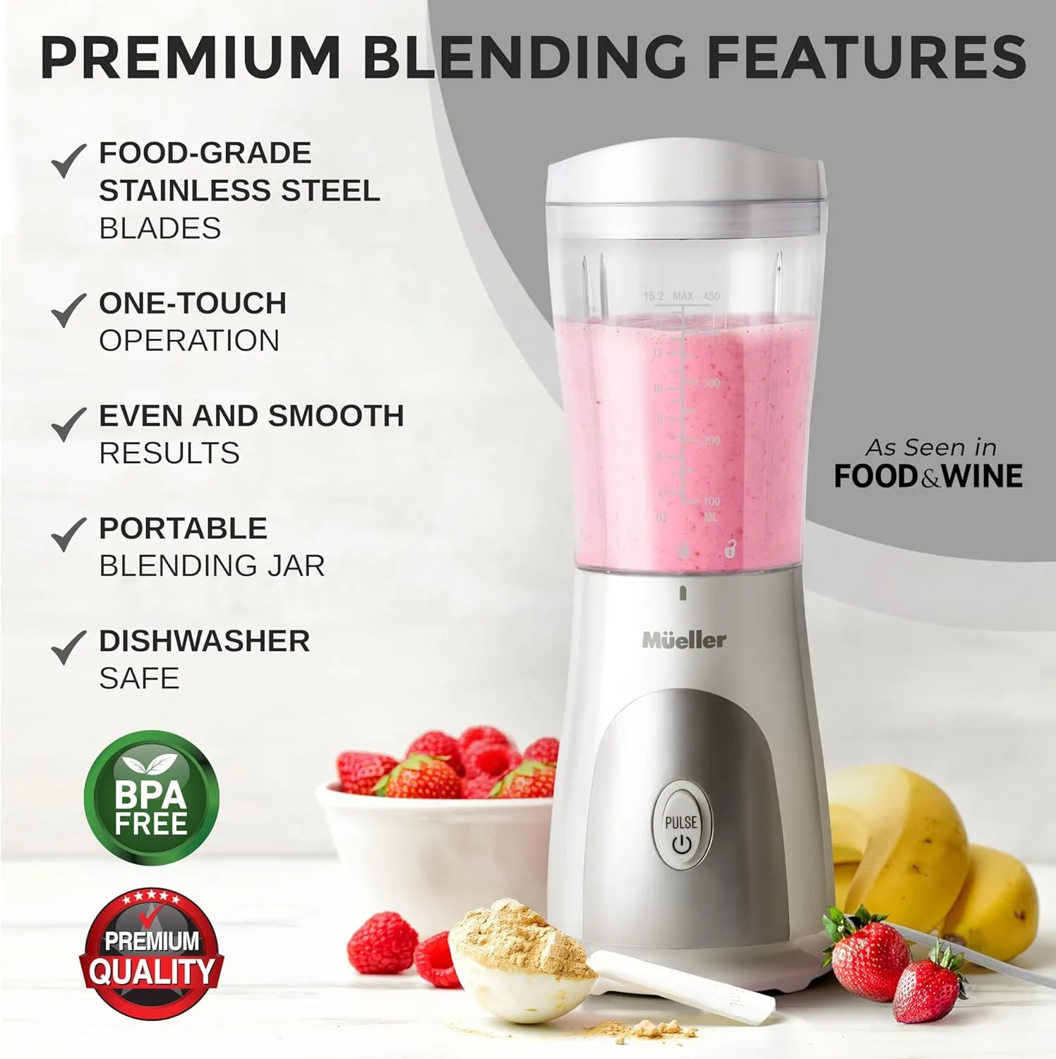 Mueller Smoothie Blender for Smoothies - Personal Blender for Shakes, Frozen Drinks, Baby Food & More, 15oz Travel Cup and Lid, Durable Stainless Steel Blades for Powerful Blending Performance, White