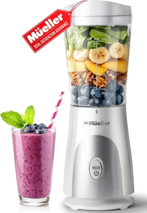 Mueller Smoothie Blender for Smoothies - Personal Blender for Shakes, Frozen Drinks, Baby Food & More, 15oz Travel Cup and Lid, Durable Stainless Steel Blades for Powerful Blending Performance, White