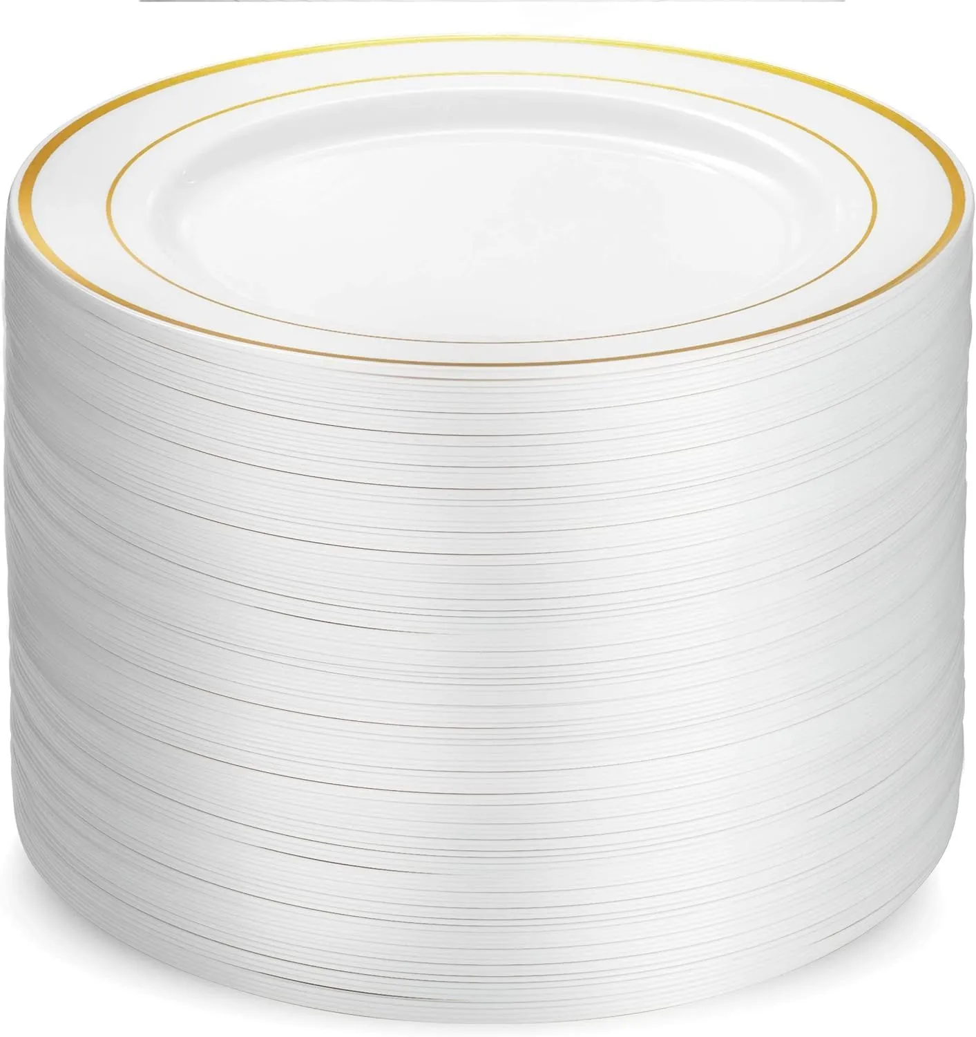 Munfix 100 Gold Plastic Plates Set, 10 Inch Fancy Heavy Duty Elegant Disposable Dinner Plates, For Party, Wedding, White with Gold Rim