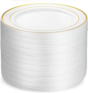 Munfix 100 Gold Plastic Plates Set, 10 Inch Fancy Heavy Duty Elegant Disposable Dinner Plates, For Party, Wedding, White with Gold Rim