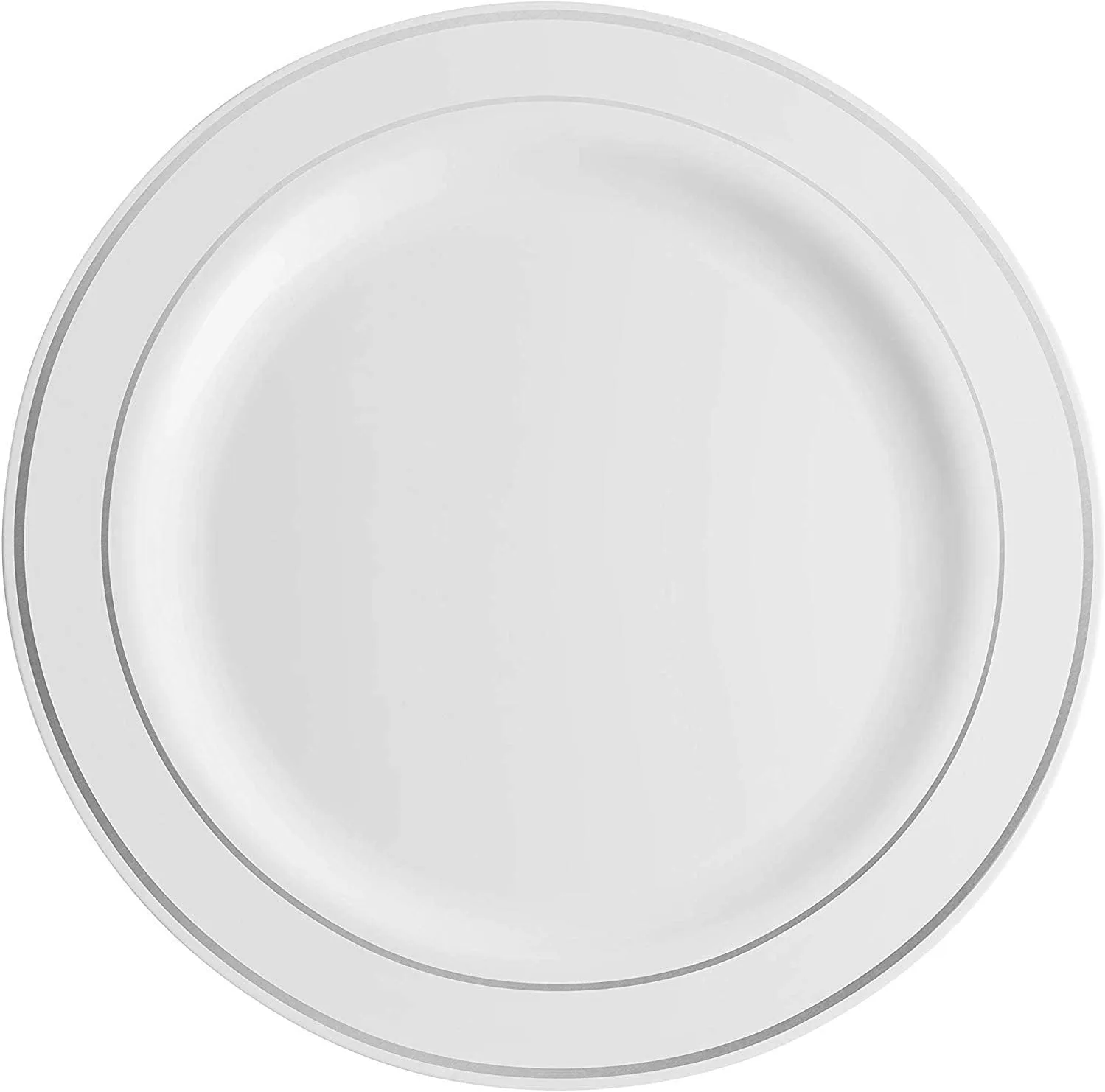 Munfix 60 Silver Plastic Plates Set, 30 Pcs 10.25 Inch Dinner and 30 Pcs 7.5 Inch Plastic Dessert Plates, Elegant Fancy Heavy Duty Disposable Plates for Party, Wedding, White with Silver Rim