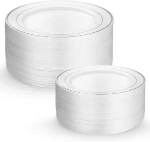 Munfix 60 Silver Plastic Plates Set, 30 Pcs 10.25 Inch Dinner and 30 Pcs 7.5 Inch Plastic Dessert Plates, Elegant Fancy Heavy Duty Disposable Plates for Party, Wedding, White with Silver Rim