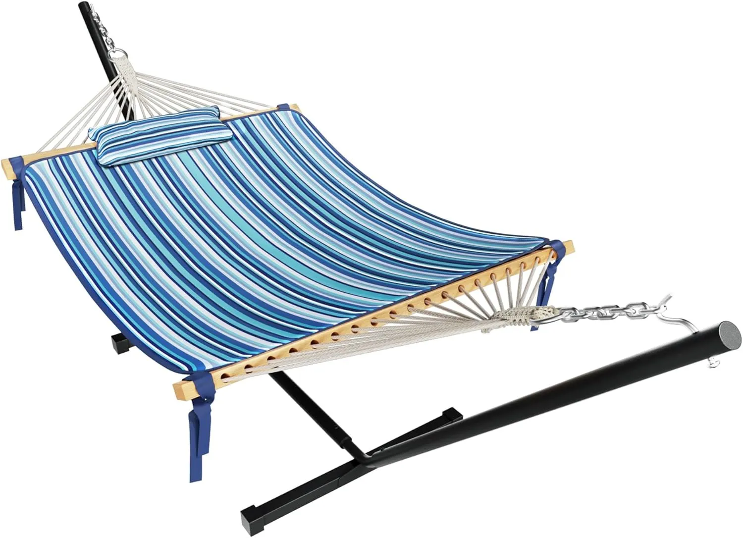MUPATER 12FT Double Hammock with Stand Included, 2 Person, Outdoor Quilted Hammock with Stand, Rope with Pad and Pillow, para adultos, Striped Blue