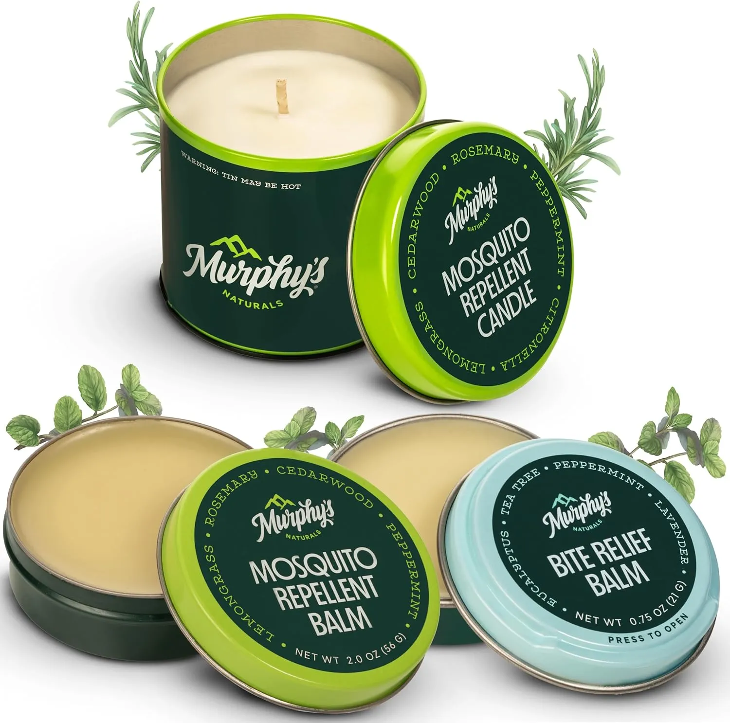 Murphy's Naturals Mosquito Repellent Balm 2oz   Candle 9oz   Bite Relief Balm 0.75 Tin Bundle, DEET-Free