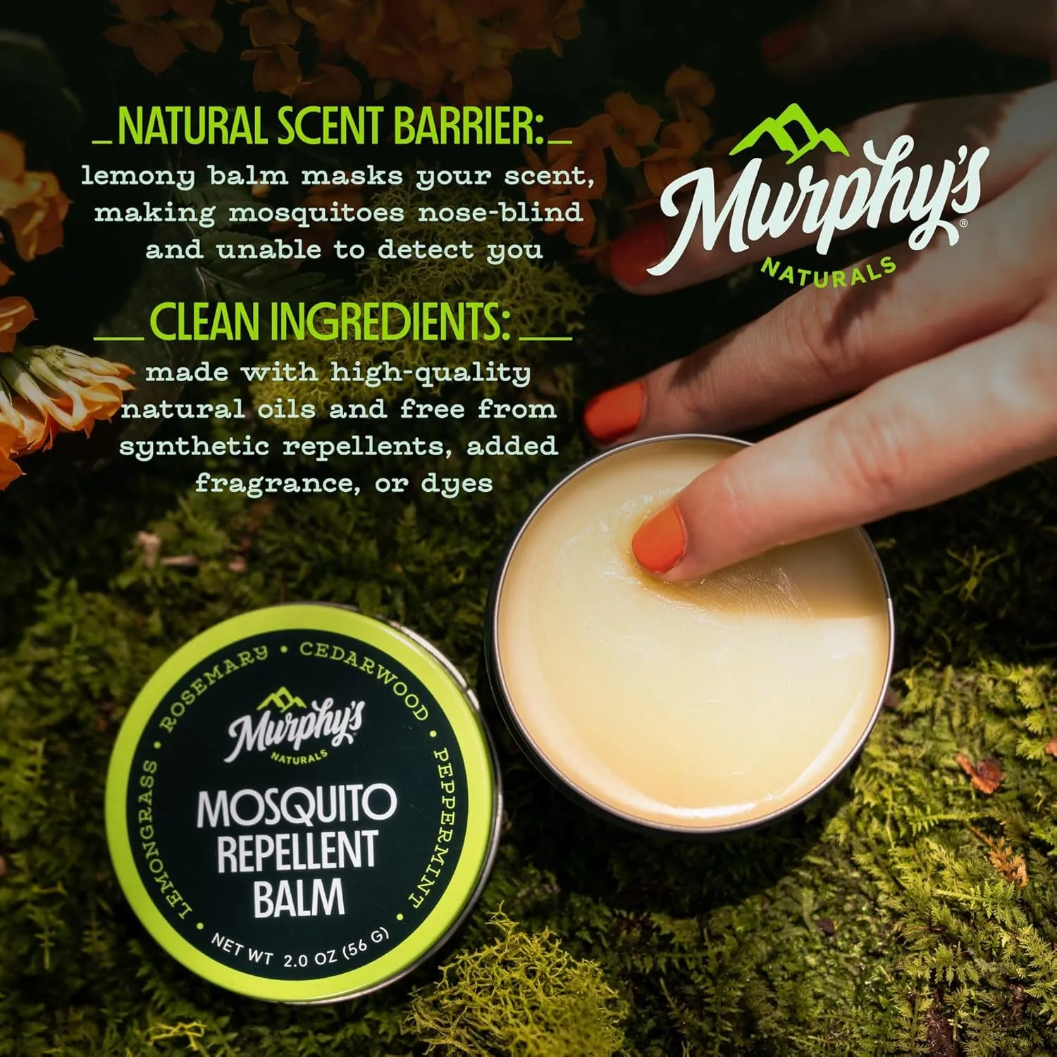 Murphy's Naturals Mosquito Repellent Balm for Outdoor Patio, Hiking, Camping, Plant-Based Cedarwood, Lemongrass & Rosemary, DEET-Free, 2oz, 2-Pack