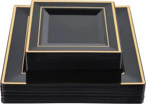 N9R 60 Pack Black Square Plastic Plates with Gold Rim Include 30 Disposable Dinner Plates 9.5 Inch and 30 Dessert Plate 6.5 Inch, Fancy Plate for Party, Wedding, Halloween and Daily Use