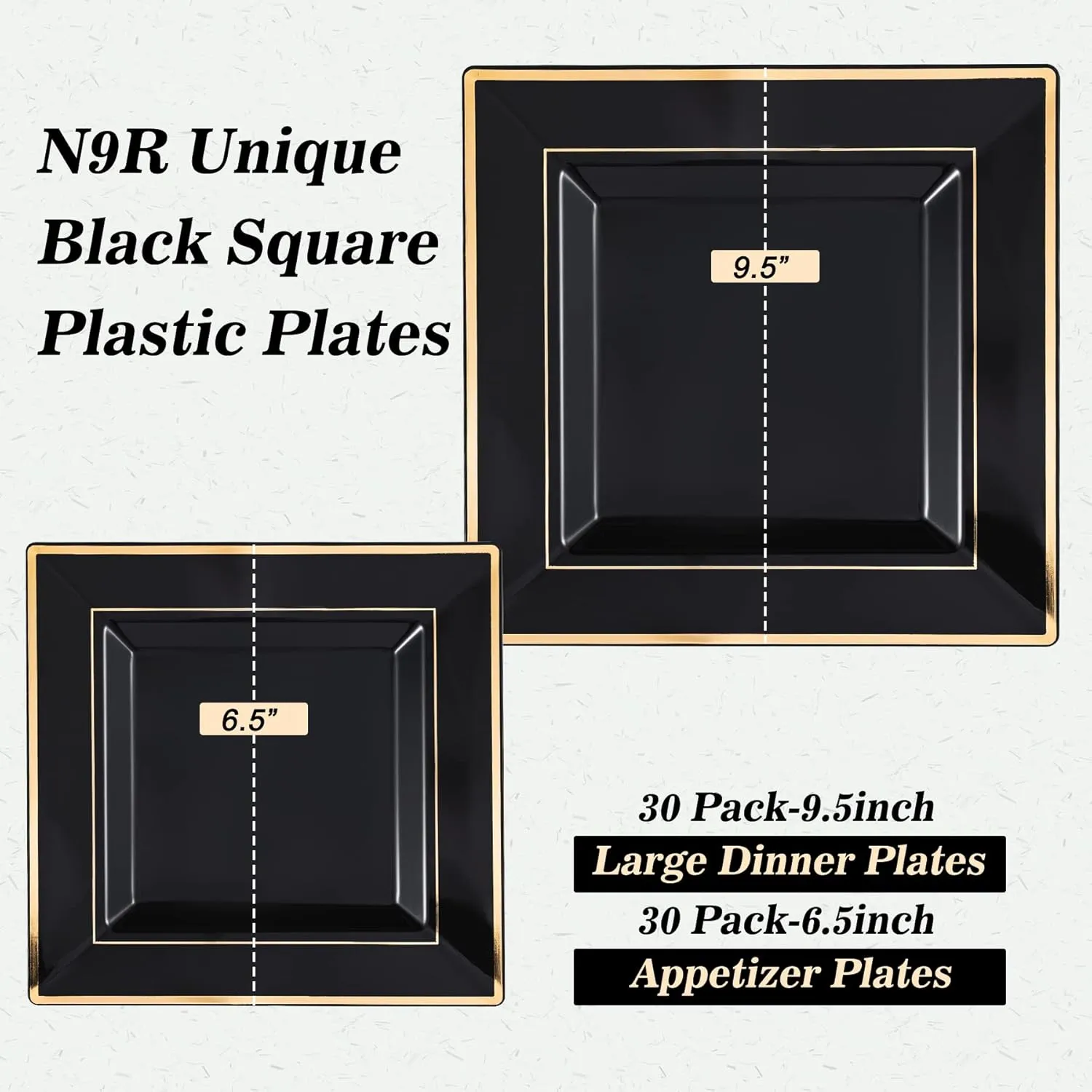 N9R 60 Pack Black Square Plastic Plates with Gold Rim Include 30 Disposable Dinner Plates 9.5 Inch and 30 Dessert Plate 6.5 Inch, Fancy Plate for Party, Wedding, Halloween and Daily Use