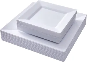 N9R 60 PCS White Plastic Plates Square, 30 Dinner & 30 Dessert Plates Heavy Duty, Fancy Disposable Plates for Party, Wedding and other Events