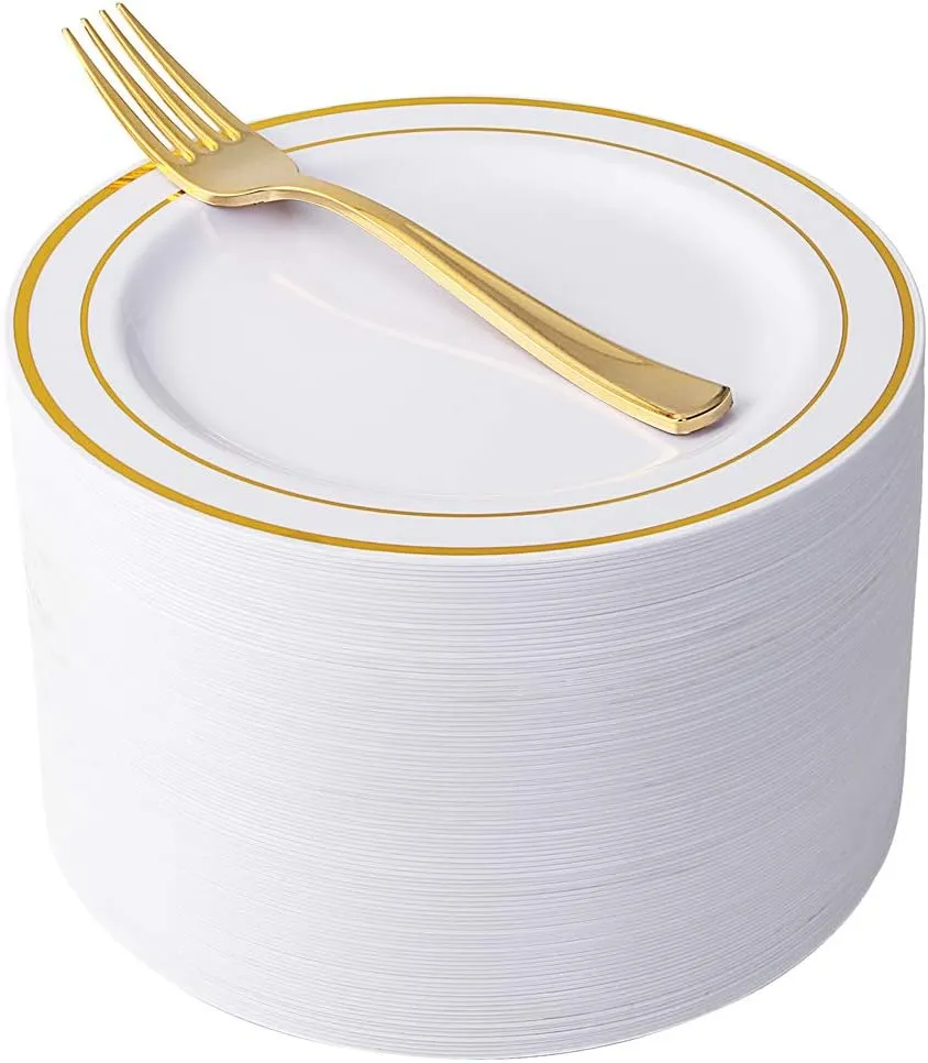 Nervure 204PCS Gold Dessert Plates with Forks - 102PCS 7.5inch Disposable Gold Plastic Plates and 102PCS Plastic Forks Perfect for Salads, Desserts, Parties, Catering, Christmas & Party & Father's Day