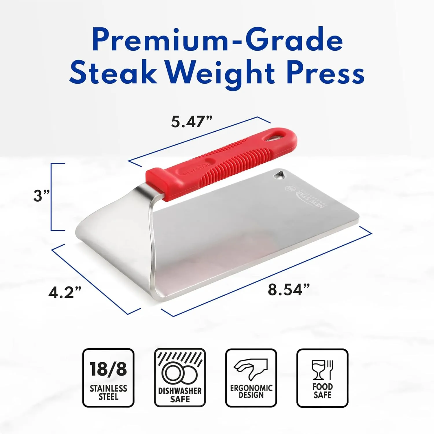 New Star Foodservice 1029079 Extra Heavy Duty Stainless Steel 18/8 Steak Weight/Grill Press, 8.5 x 4.25