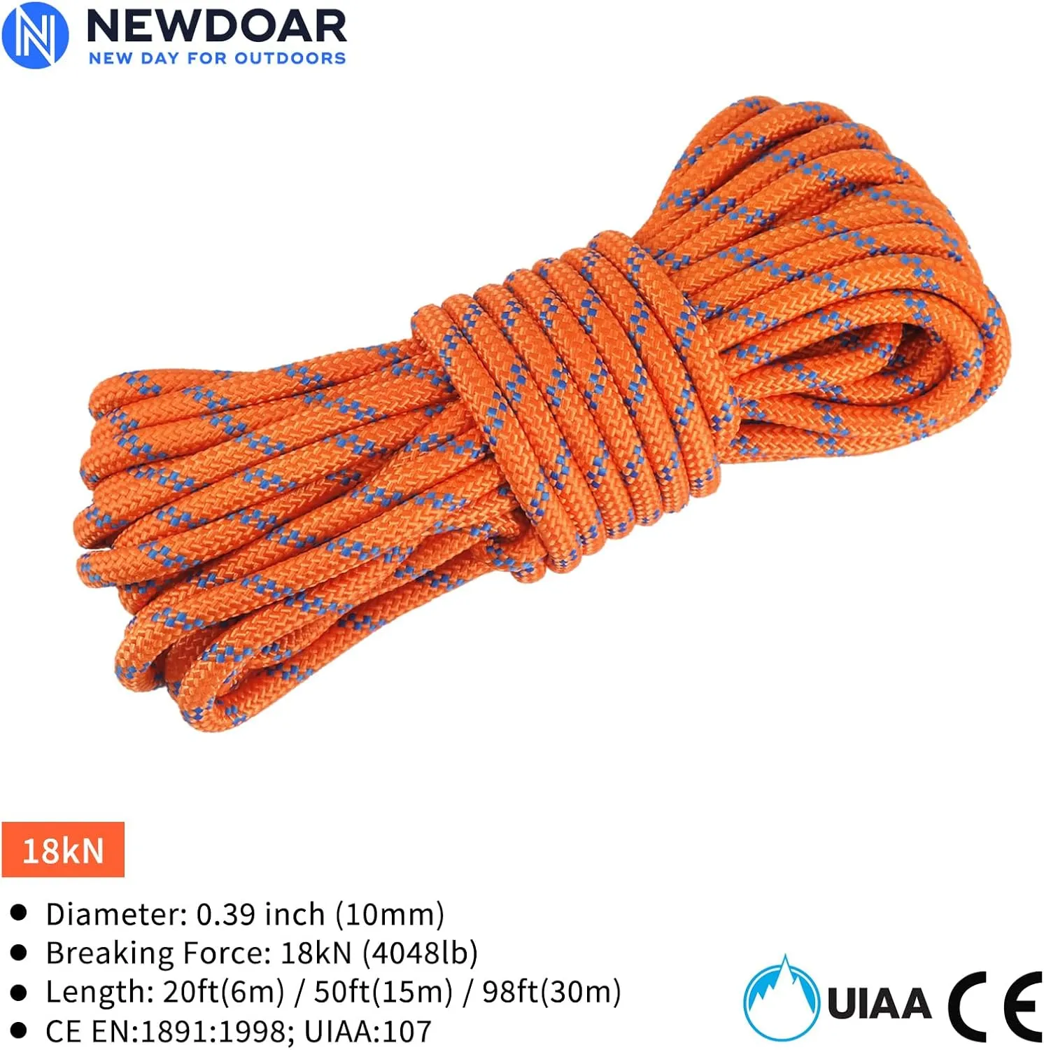 NewDoar Static Climbing Rope 10mm Accessory Cord Rope,for Arborist Tree, Mountaineering, Sailboat Rope,Dock Lines,Hauling Dragginge(Orange 10mm,50FT)