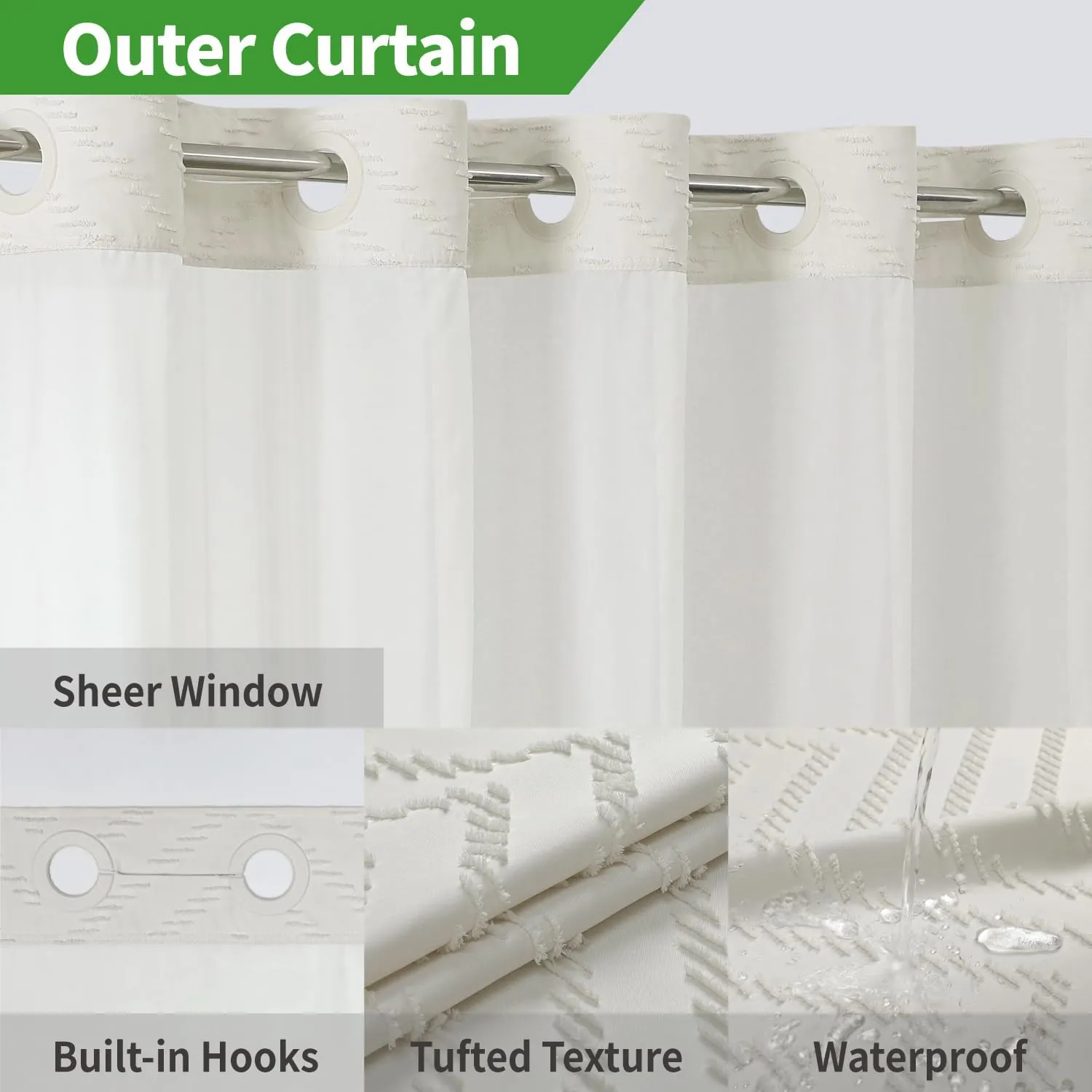 No Hook Tufted Chevron Striped Shower Curtain with Snap-in Fabric Liner set-71Wx74H(72H),Cream Hotel Grade Boho Style Shower Curtain with See Through Top Window,Water Repellent