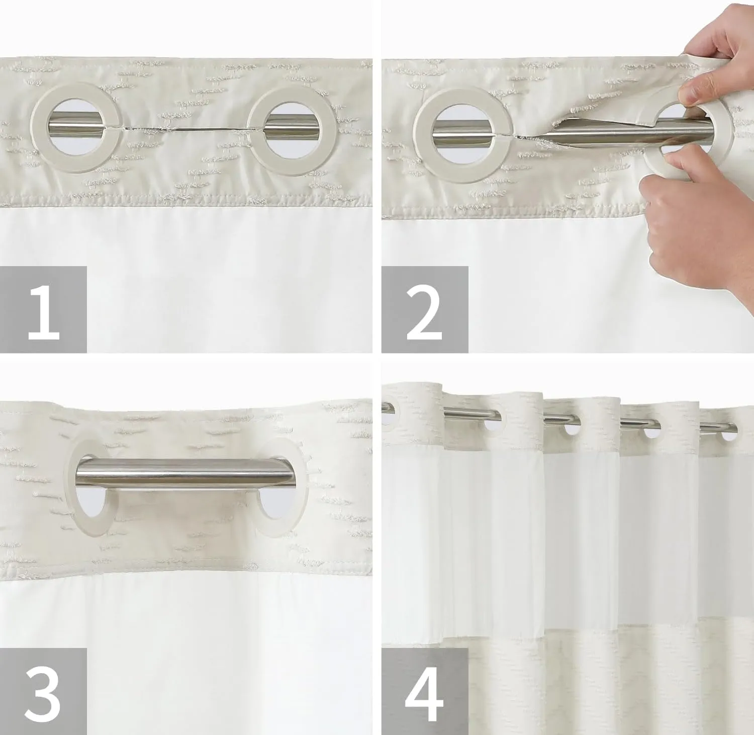 No Hook Tufted Chevron Striped Shower Curtain with Snap-in Fabric Liner set-71Wx74H(72H),Cream Hotel Grade Boho Style Shower Curtain with See Through Top Window,Water Repellent