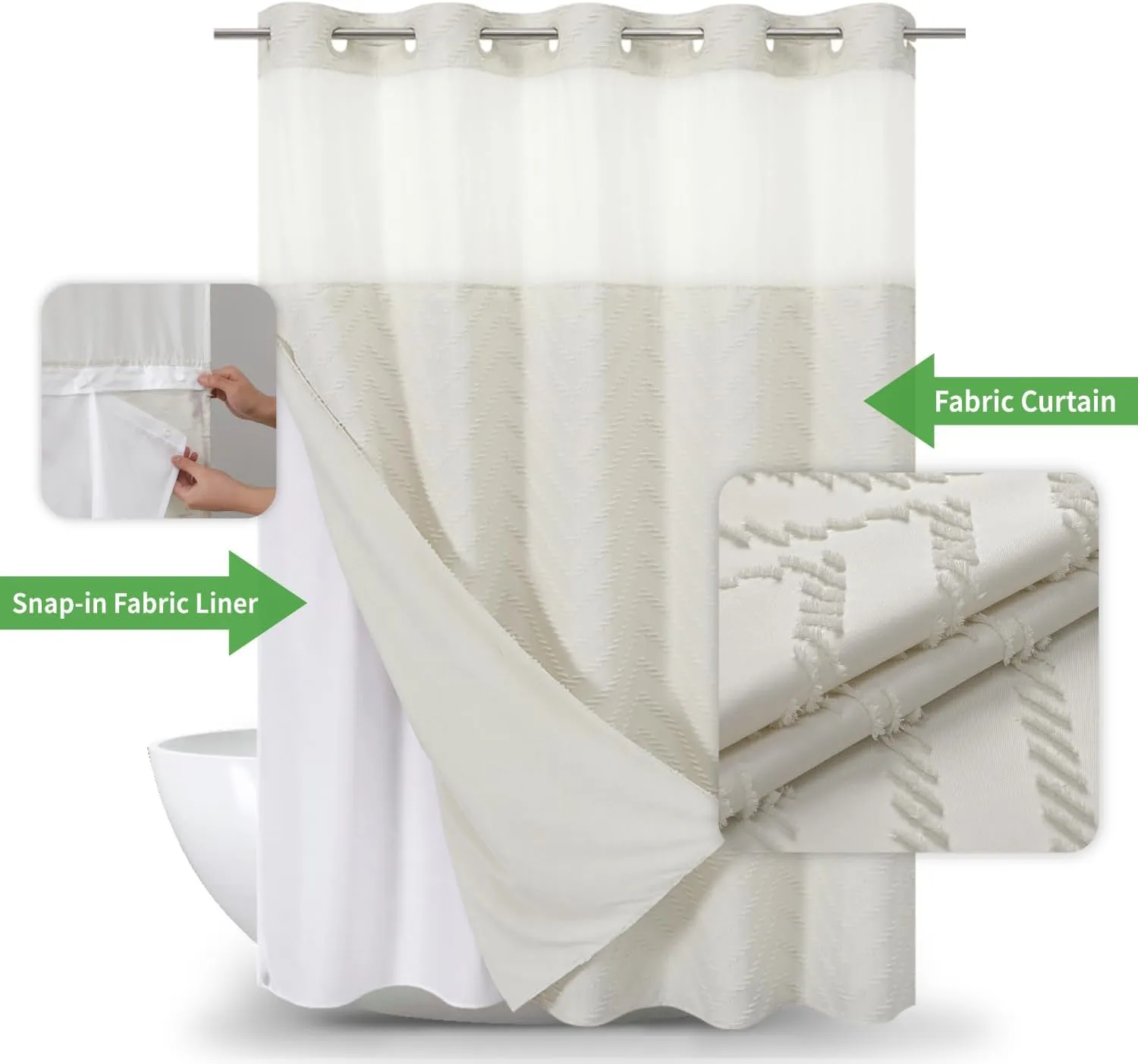 No Hook Tufted Chevron Striped Shower Curtain with Snap-in Fabric Liner set-71Wx74H(72H),Cream Hotel Grade Boho Style Shower Curtain with See Through Top Window,Water Repellent