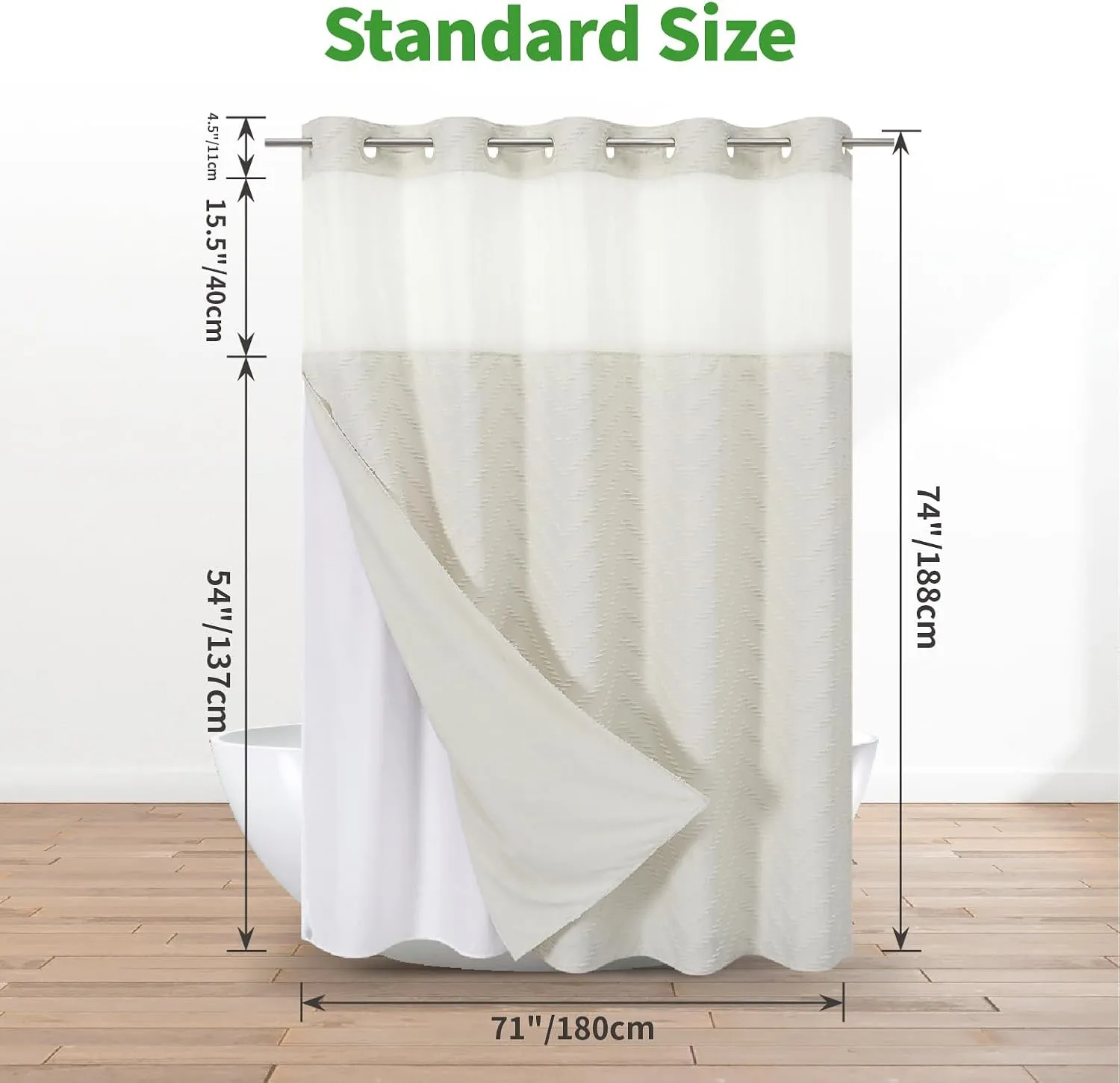 No Hook Tufted Chevron Striped Shower Curtain with Snap-in Fabric Liner set-71Wx74H(72H),Cream Hotel Grade Boho Style Shower Curtain with See Through Top Window,Water Repellent