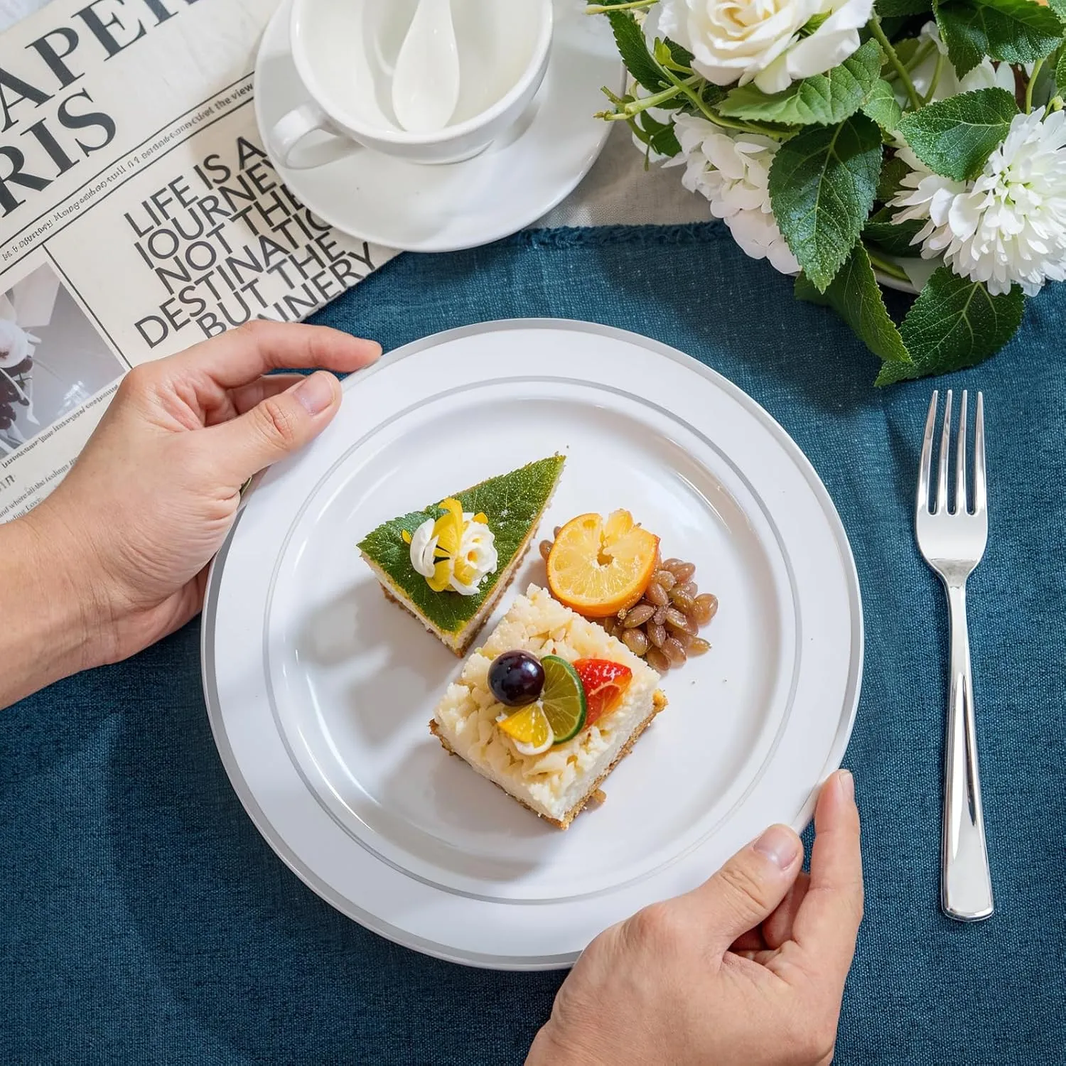 NOCCUR 200PCS Silver Plastic Plates Disposable for 100 Guests - Include 100 Dinner / 100 Dessert Plates Heavy Duty - Ideal for Party&Wedding