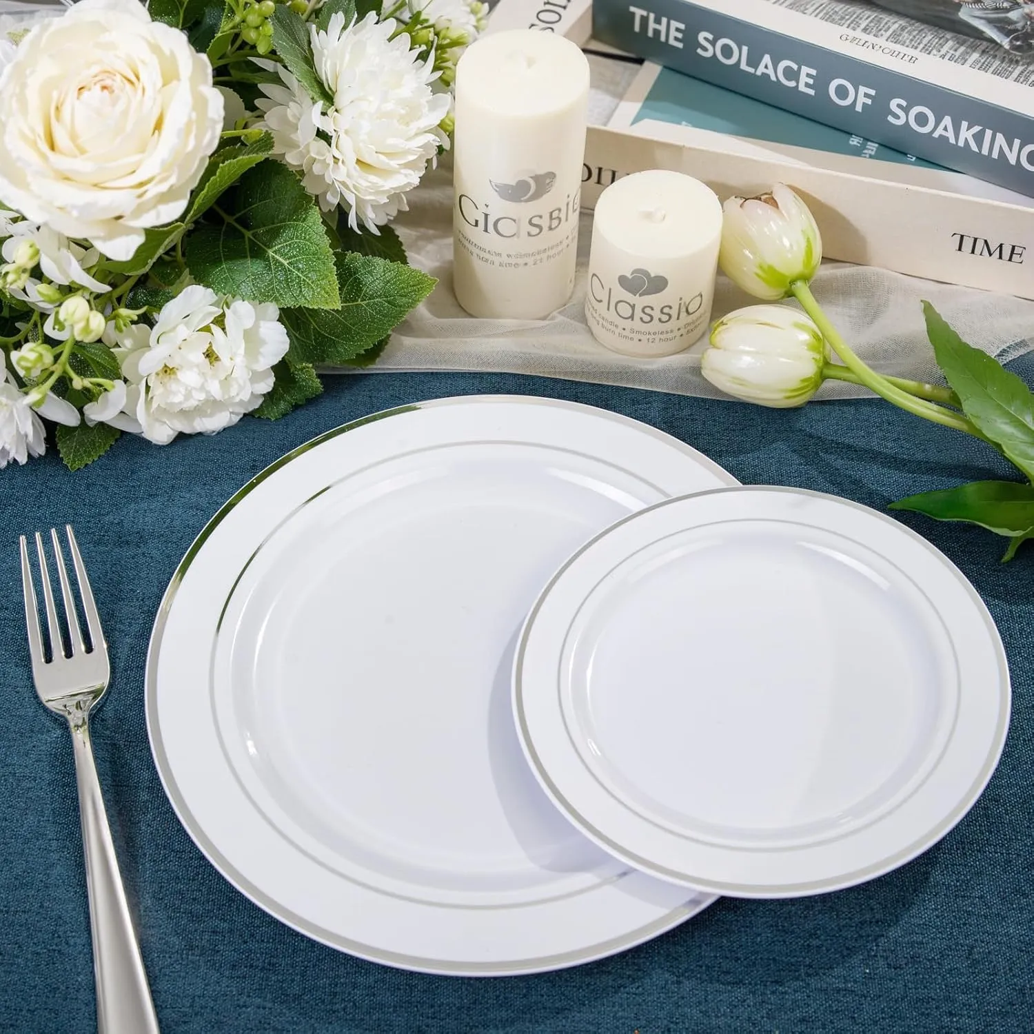 NOCCUR 200PCS Silver Plastic Plates Disposable for 100 Guests - Include 100 Dinner / 100 Dessert Plates Heavy Duty - Ideal for Party&Wedding