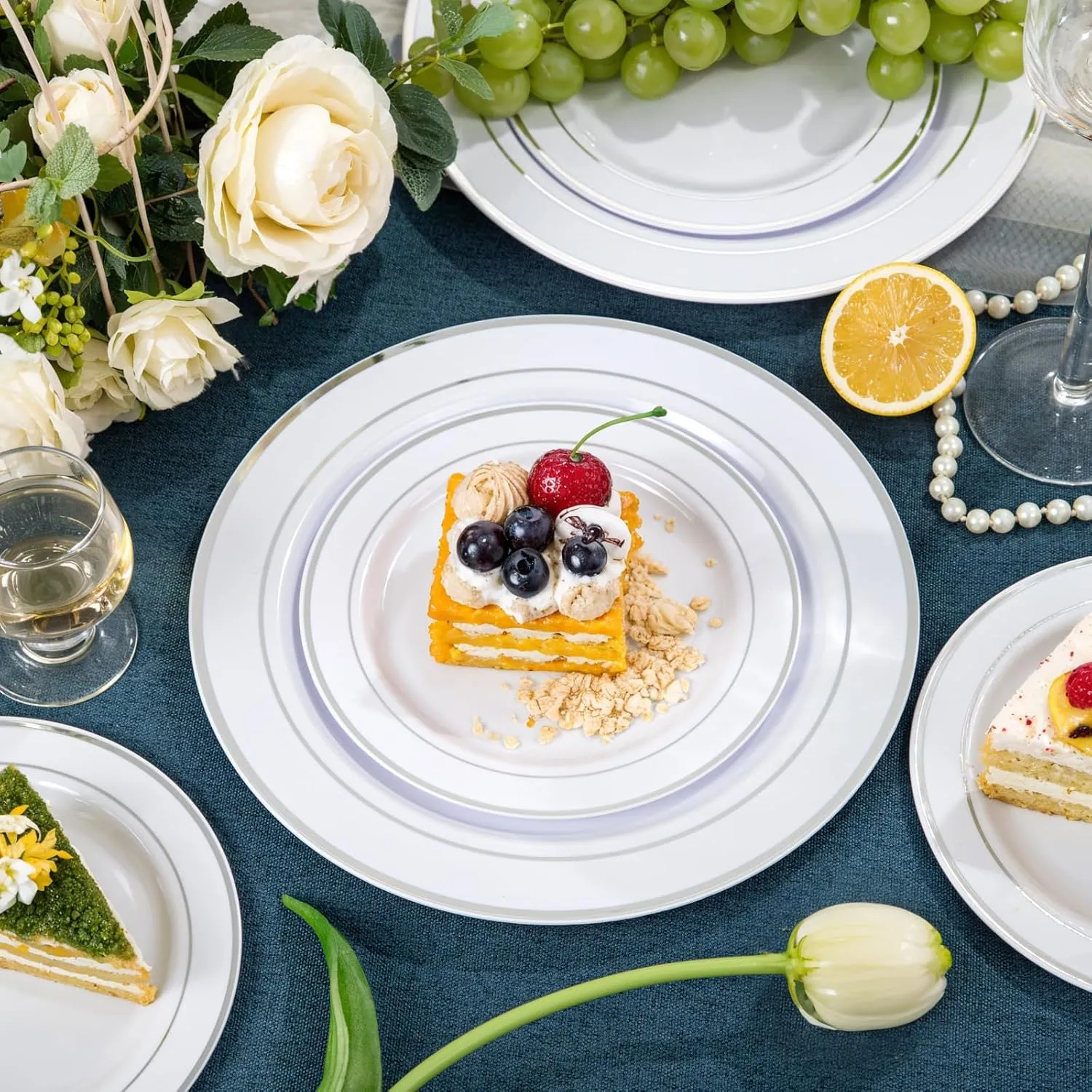 NOCCUR 200PCS Silver Plastic Plates Disposable for 100 Guests - Include 100 Dinner / 100 Dessert Plates Heavy Duty - Ideal for Party&Wedding