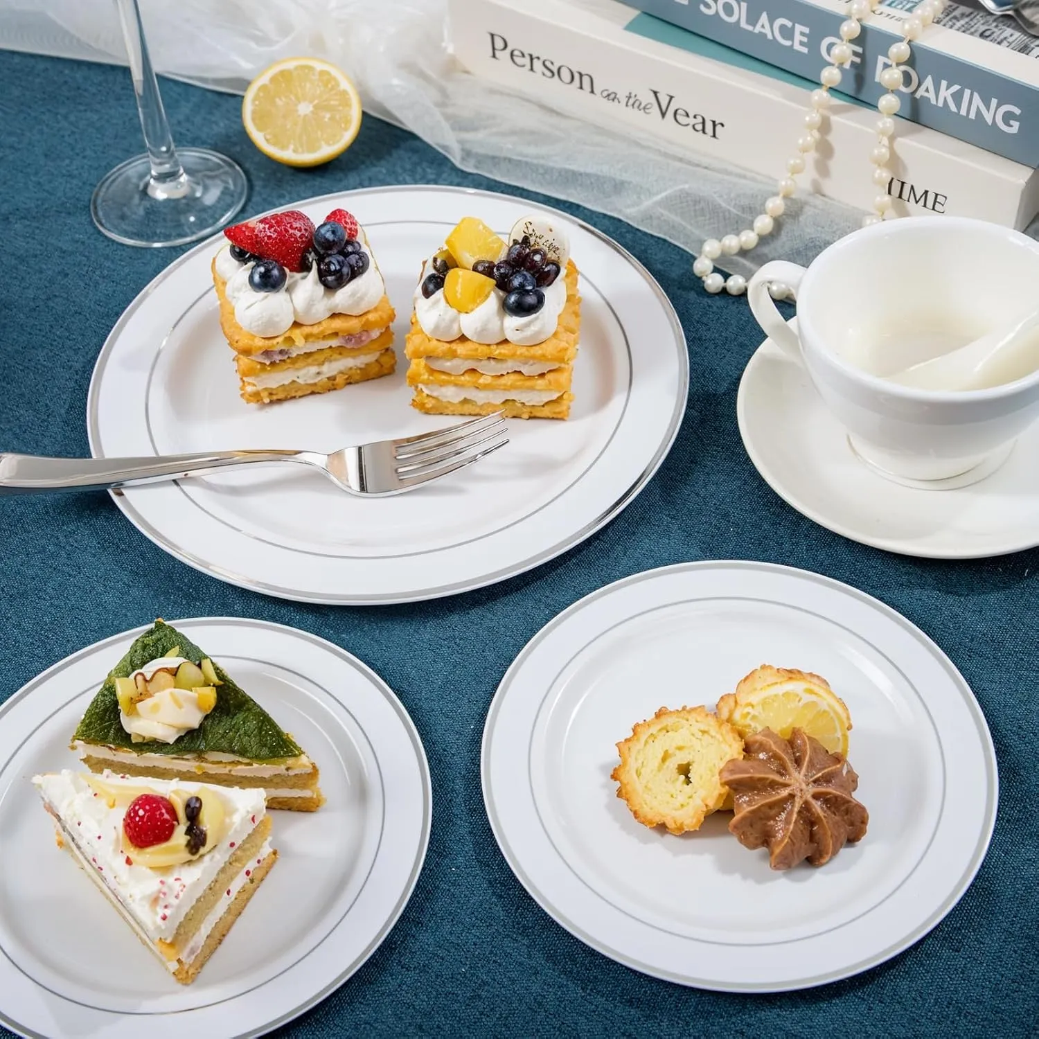 NOCCUR 200PCS Silver Plastic Plates Disposable for 100 Guests - Include 100 Dinner / 100 Dessert Plates Heavy Duty - Ideal for Party&Wedding