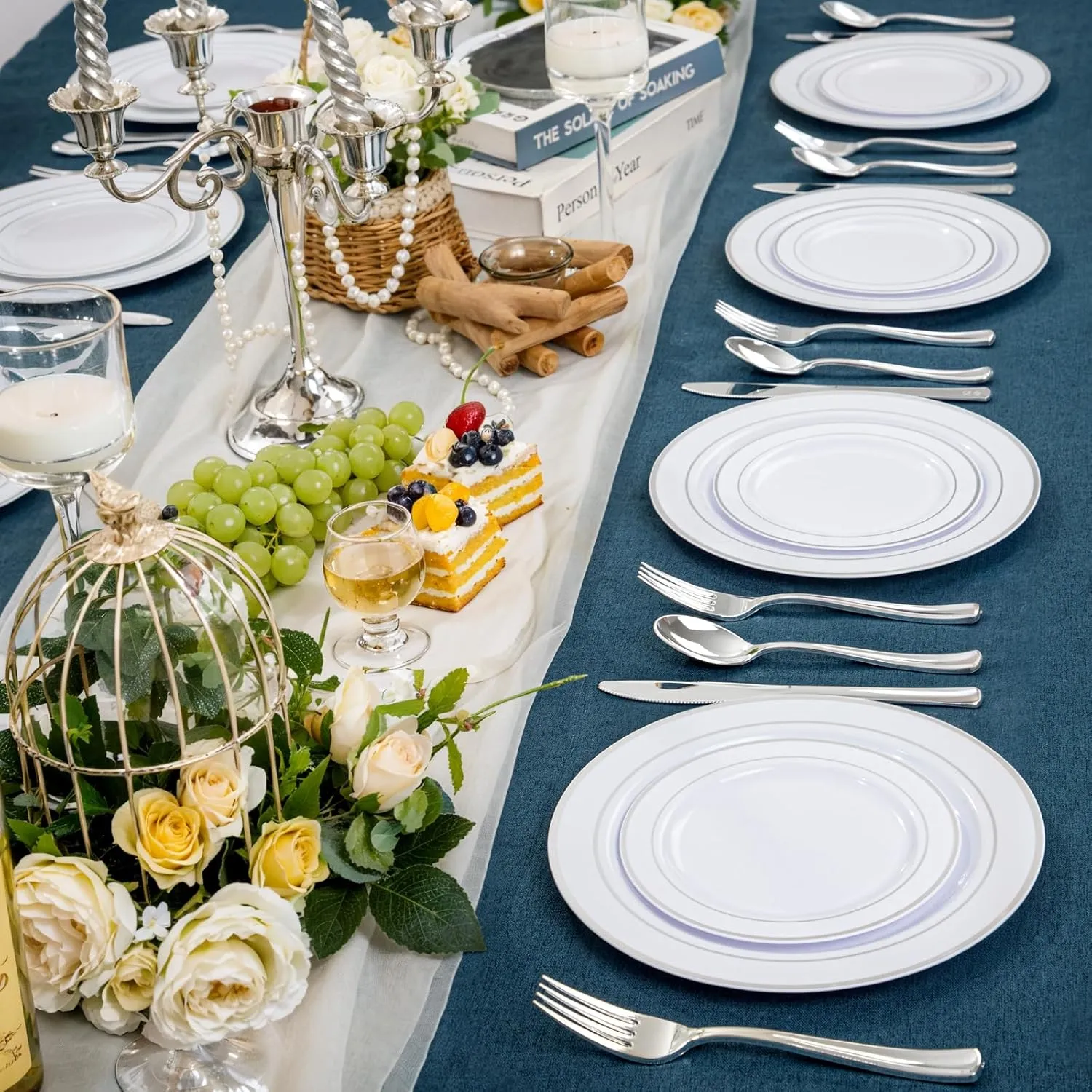 NOCCUR 200PCS Silver Plastic Plates Disposable for 100 Guests - Include 100 Dinner / 100 Dessert Plates Heavy Duty - Ideal for Party&Wedding
