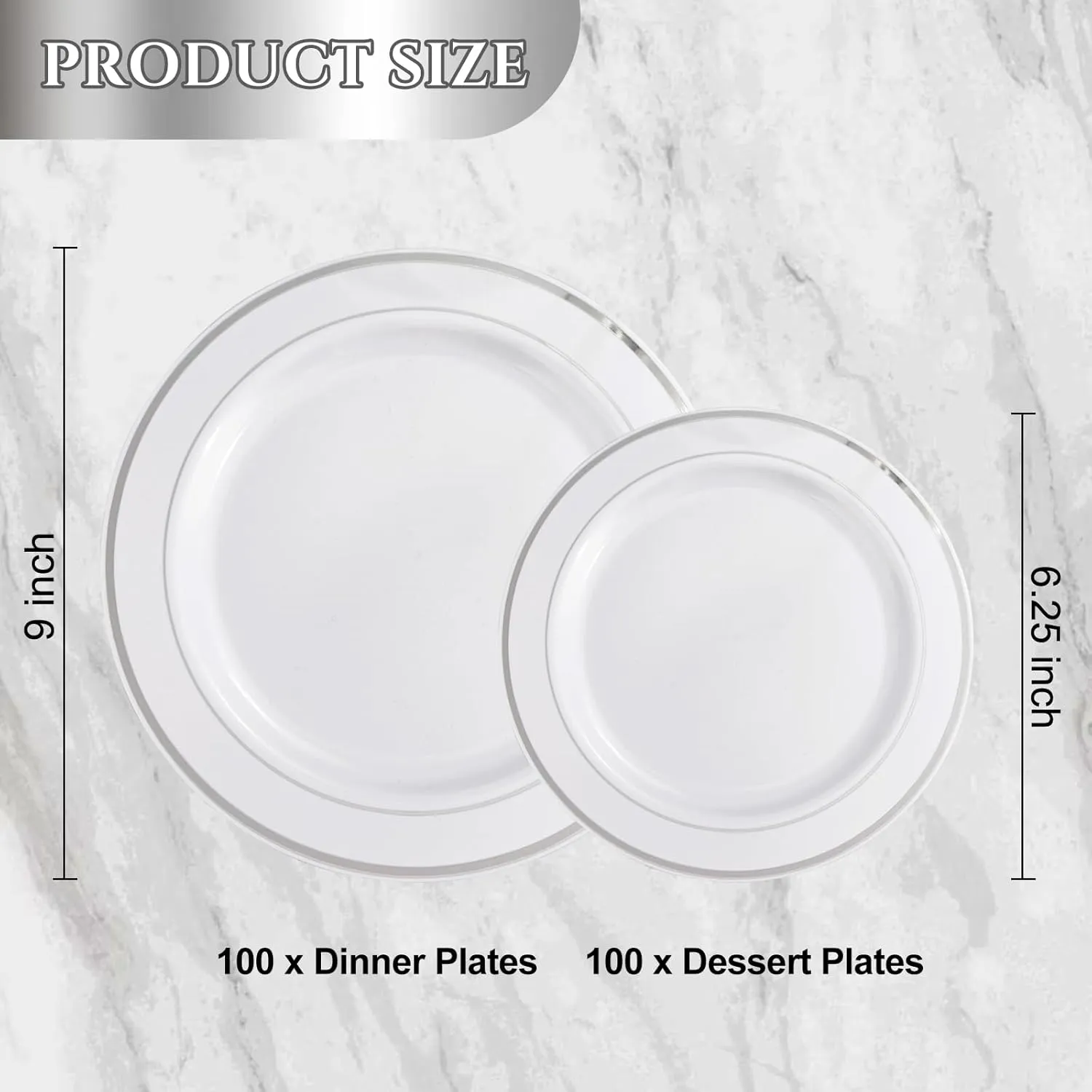 NOCCUR 200PCS Silver Plastic Plates Disposable for 100 Guests - Include 100 Dinner / 100 Dessert Plates Heavy Duty - Ideal for Party&Wedding
