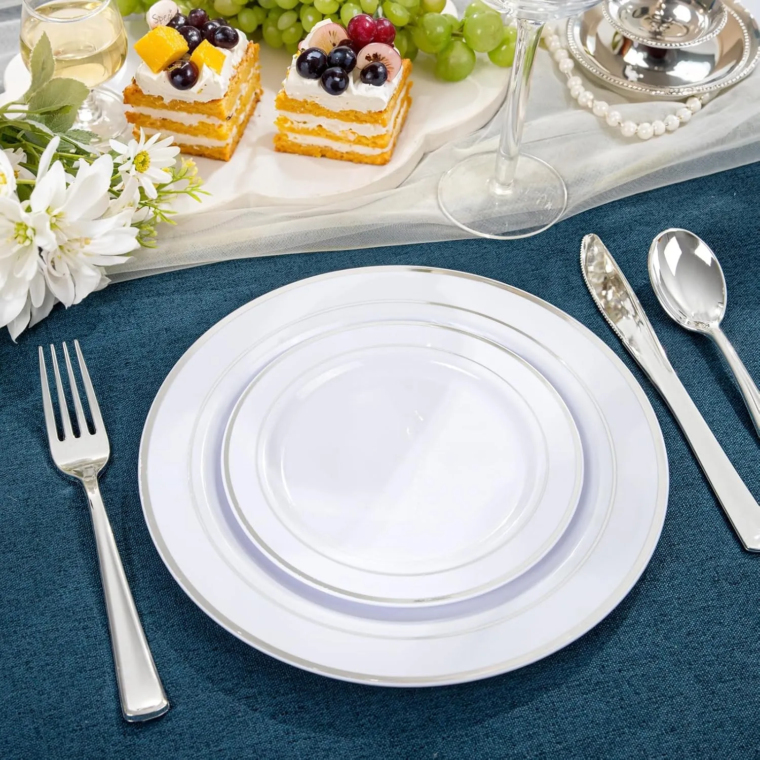NOCCUR 200PCS Silver Plastic Plates Disposable for 100 Guests - Include 100 Dinner / 100 Dessert Plates Heavy Duty - Ideal for Party&Wedding