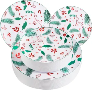 NOCCUR 60PCS Christmas Disposable Plates - Green & Red Plastic Dinner Plates, 30 Dinner & 30 Salad Plates - Pine Needle & Berry Design, Heavy Duty for Holiday Parties