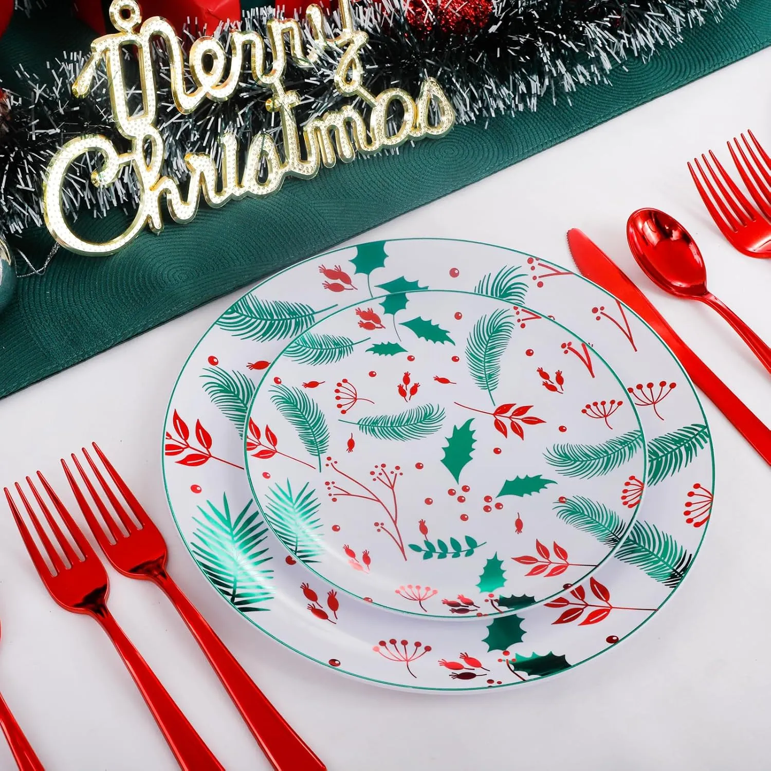 NOCCUR 60PCS Christmas Disposable Plates - Green & Red Plastic Dinner Plates, 30 Dinner & 30 Salad Plates - Pine Needle & Berry Design, Heavy Duty for Holiday Parties