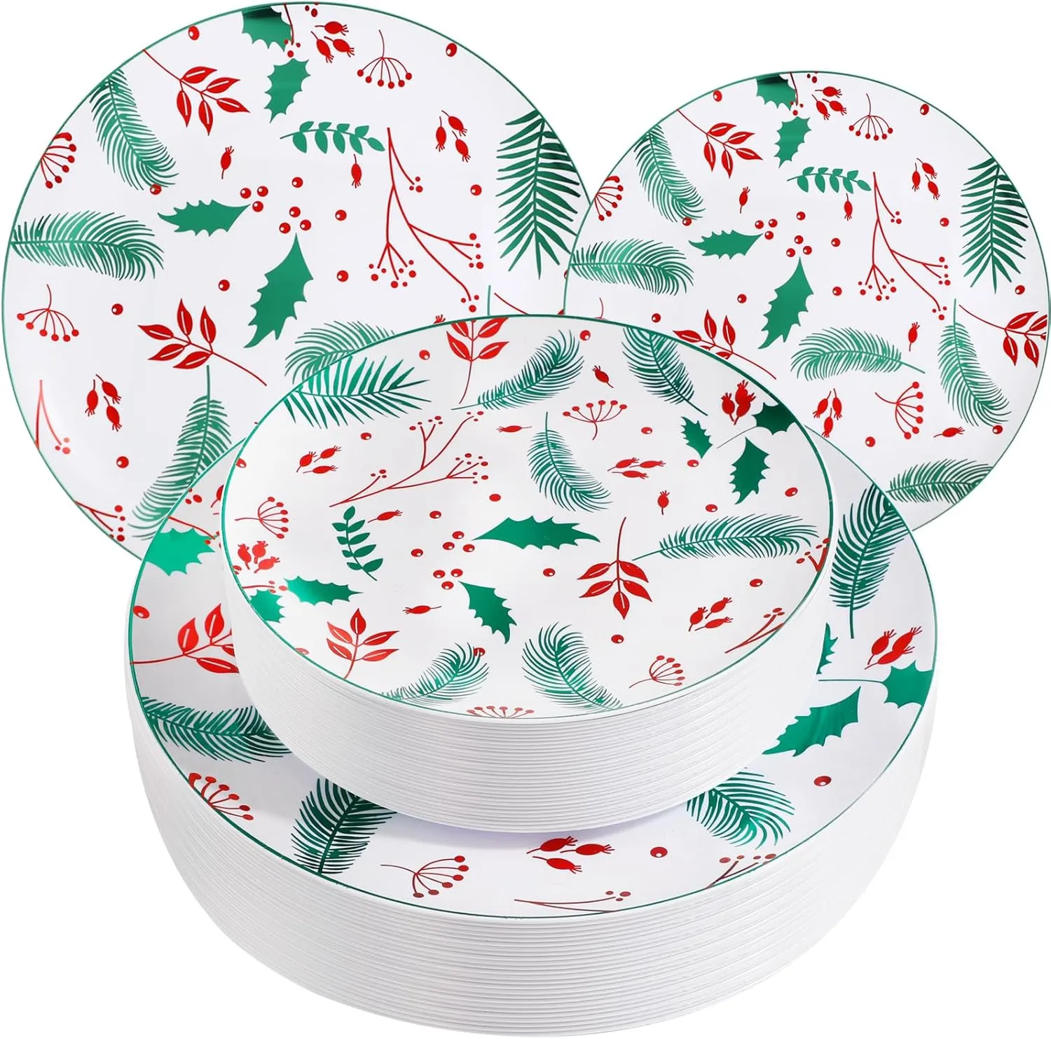 NOCCUR 60PCS Christmas Disposable Plates - Green & Red Plastic Dinner Plates, 30 Dinner & 30 Salad Plates - Pine Needle & Berry Design, Heavy Duty for Holiday Parties