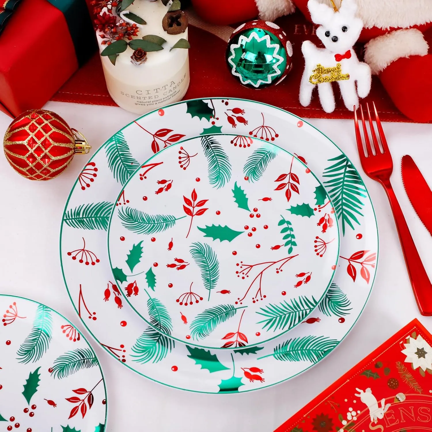 NOCCUR 60PCS Christmas Disposable Plates - Green & Red Plastic Dinner Plates, 30 Dinner & 30 Salad Plates - Pine Needle & Berry Design, Heavy Duty for Holiday Parties