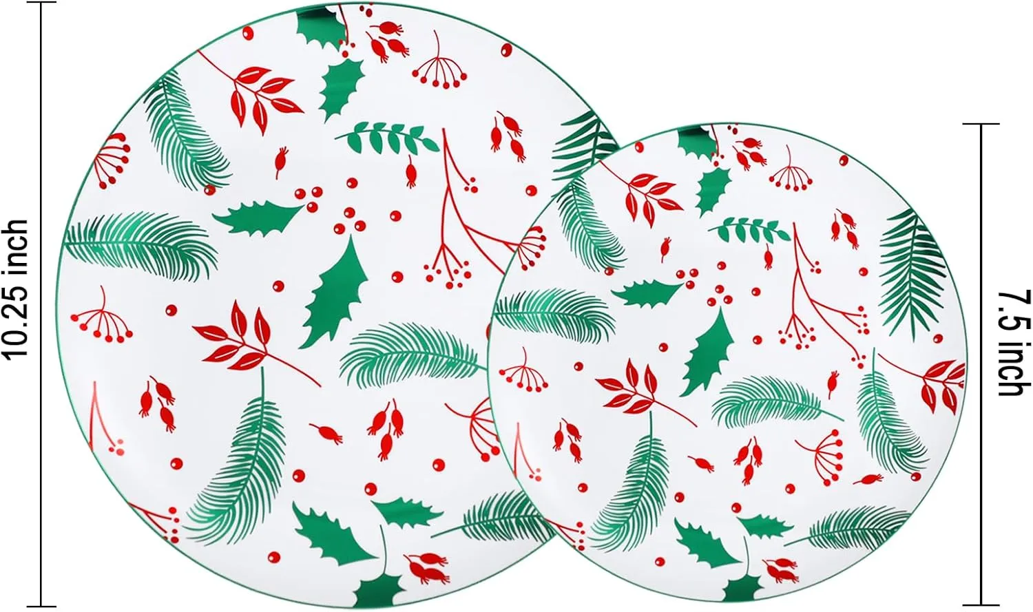 NOCCUR 60PCS Christmas Disposable Plates - Green & Red Plastic Dinner Plates, 30 Dinner & 30 Salad Plates - Pine Needle & Berry Design, Heavy Duty for Holiday Parties