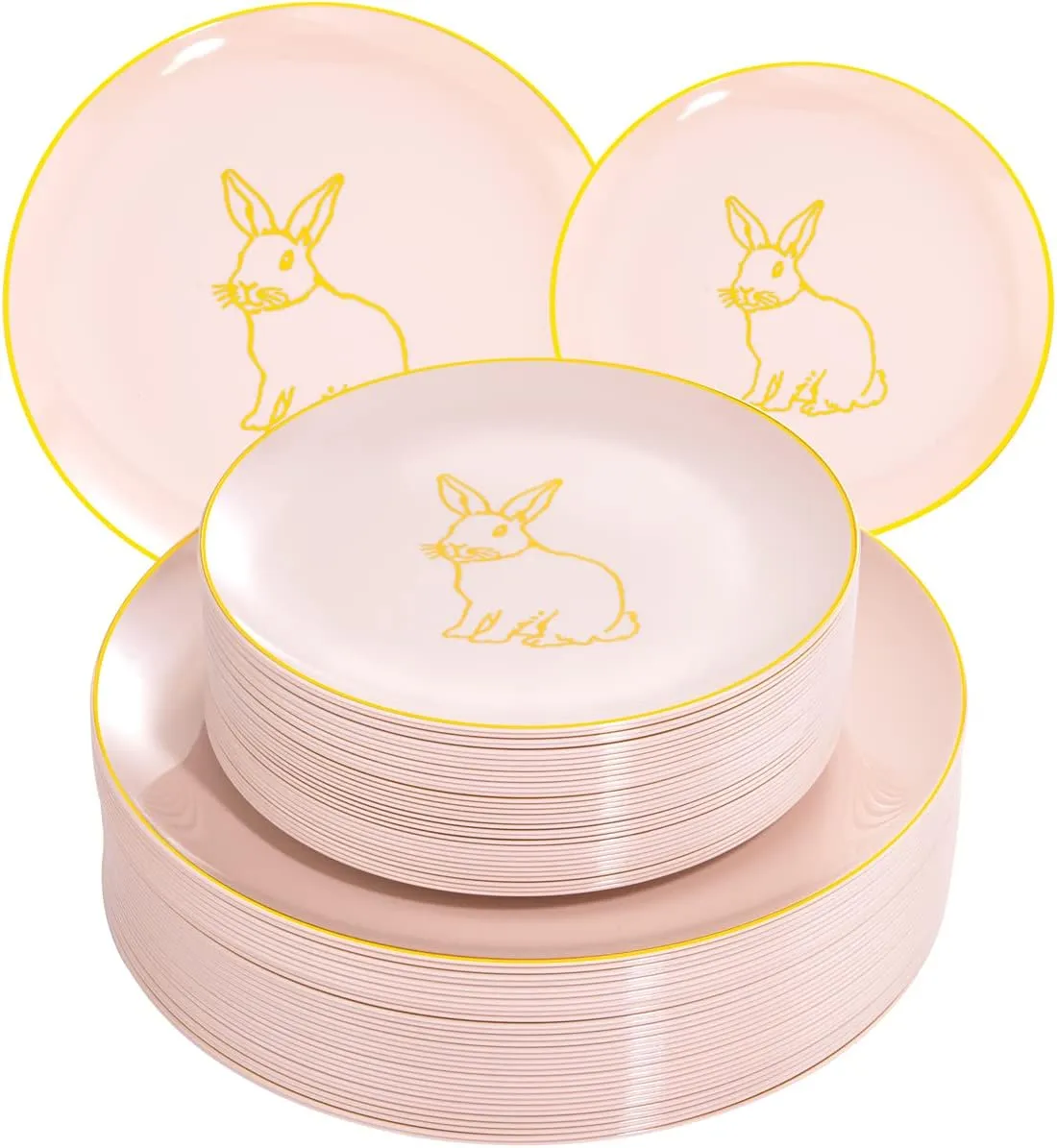 NOCCUR 60PCS Easter Plates with Bunny-10.25inch Pink Dinner and 7.5inch Salad Plates - Ideal for Easter&Party