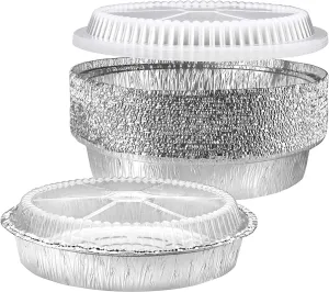 NYHI 30 Pack 9 Inches Round Aluminum Foil Pans with Plastic Lids Disposable Tin Foil Pan with Lids Heavy Duty Food Container Pie Dish Safe for Freezer Oven