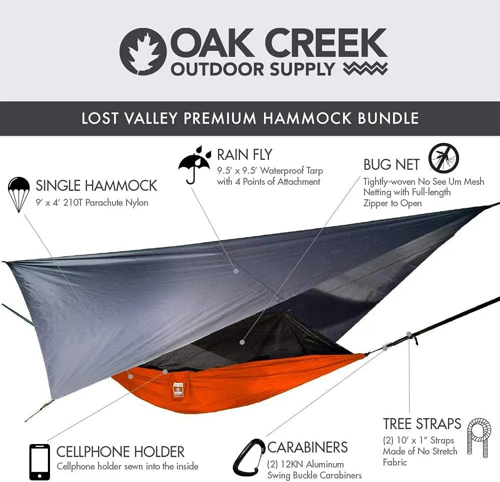 Oak Creek Camping Hammock and Accessories. Complete Package with Mosquito Bug Net, Rain Fly, Tree Straps. Great for Hiking, Backpacking, and Travel. Weighs Only 4 Pounds.