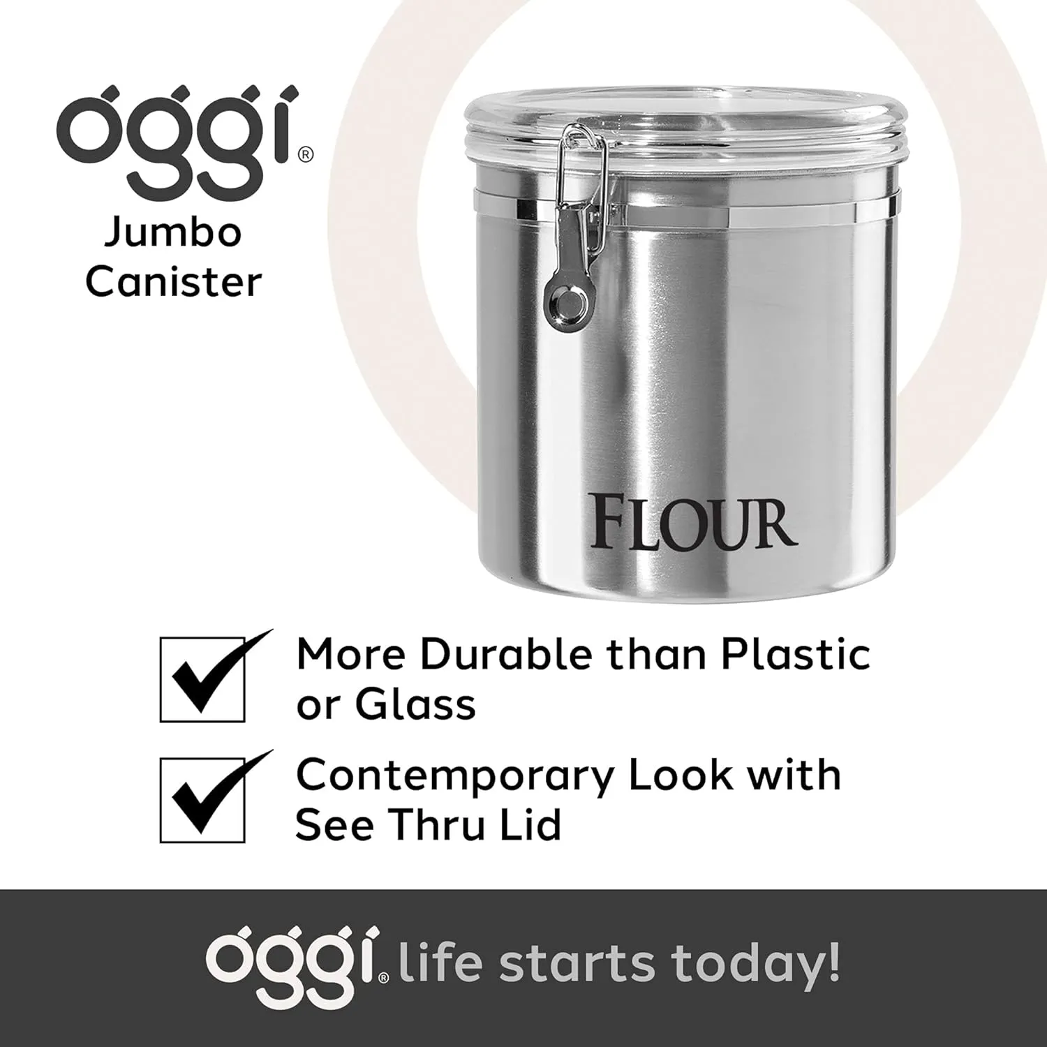 Oggi Jumbo 8" Stainless Steel Flour Clamp Canister - Airtight Food Storage Container Ideal for Kitchen & Pantry Storage of Flour or other Bulk, Dry Foods.