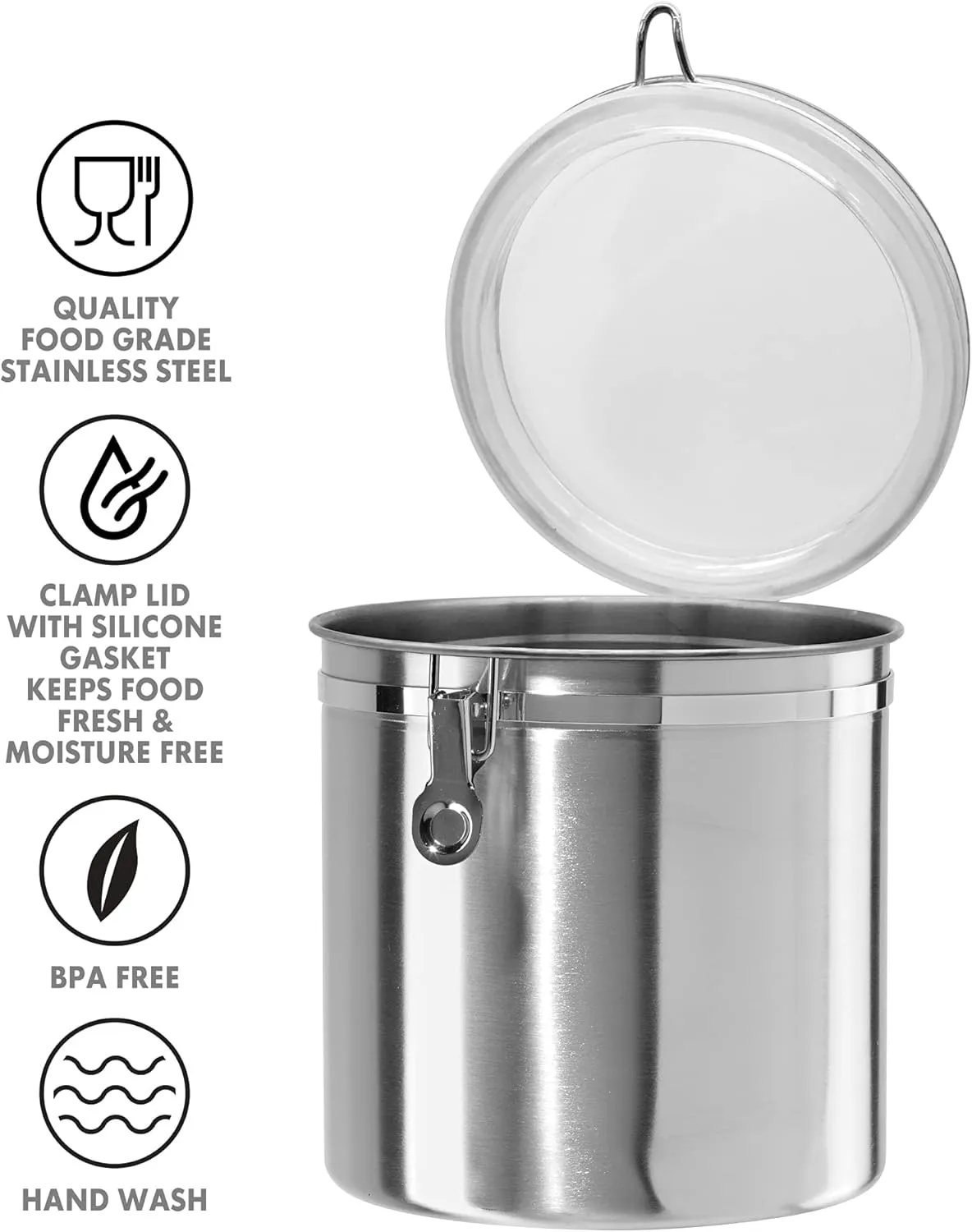 Oggi Stainless Steel Kitchen Canister 152 fl oz - Airtight Clamp Lid, Clear See-Thru Top - Ideal for Kitchen Storage, Food Storage, Pantry Storage. Jumbo Size 8" x 8".