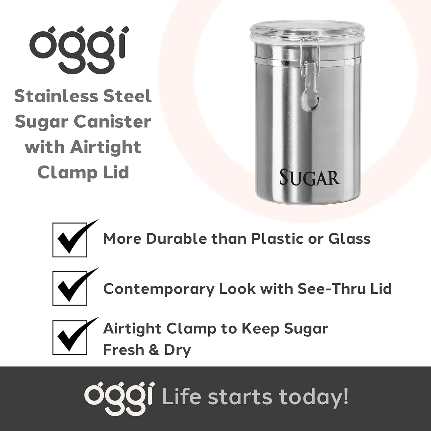 Oggi Stainless Steel Sugar Canister 62 fl oz - Airtight Clamp Lid, Clear See-Thru Top - Ideal Sugar Container for Countertop, Sugar Jar, Bulk Sugar Storage. Large Size 5" x 7.5".