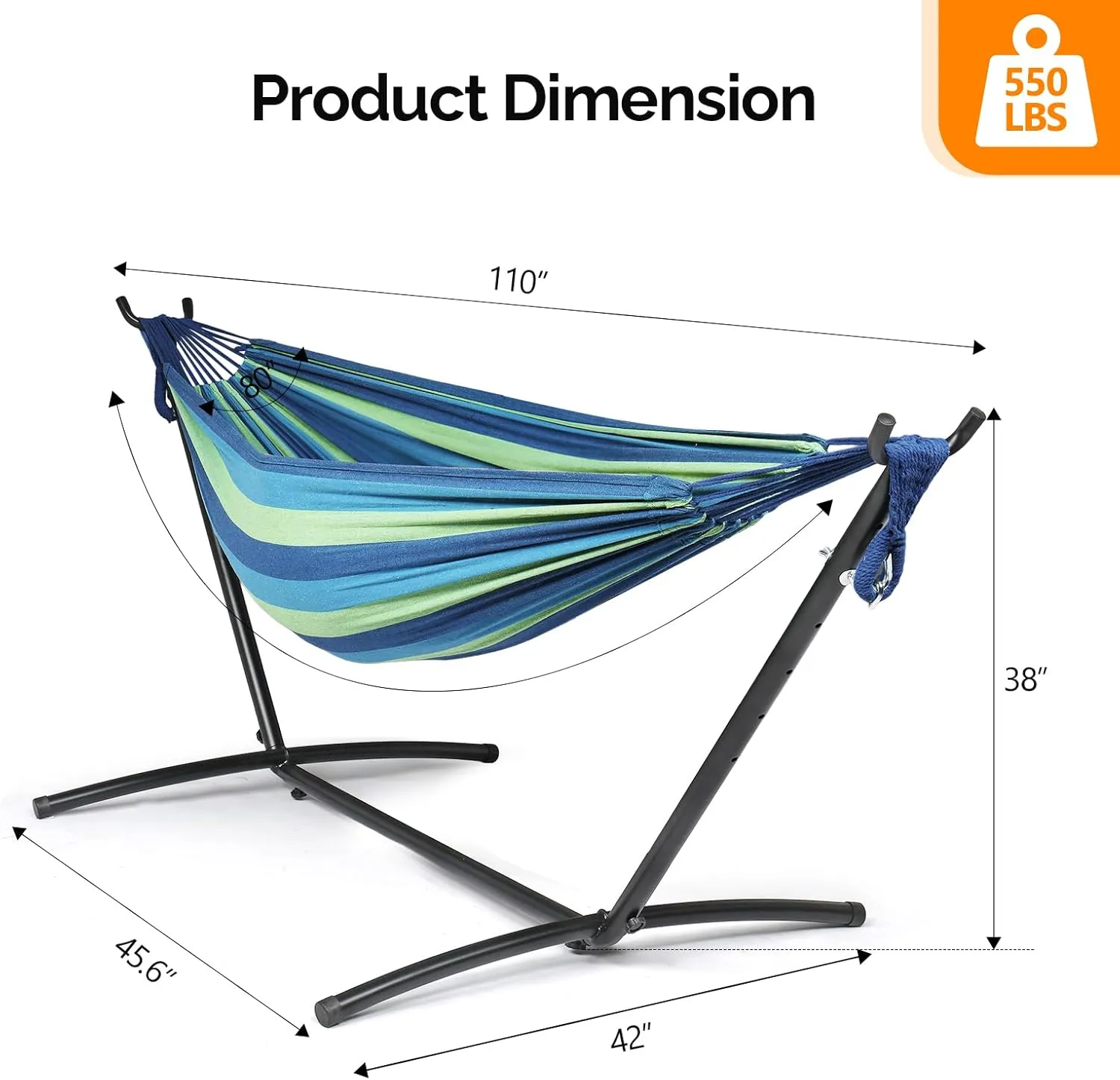 ONCLOUD 550 LBS Capacity Double Hammock with Stand Included with Portable Carrying Bag, Heavy Duty 2-Person Hammock for Outdoors & Indoors - Desert Stripe, Series TDCTZ1 - Blue Green Stripe