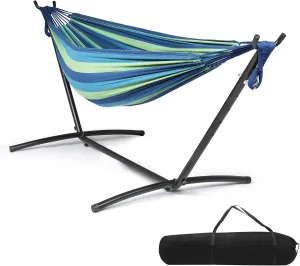 ONCLOUD 550 LBS Capacity Double Hammock with Stand Included with Portable Carrying Bag, Heavy Duty 2-Person Hammock for Outdoors & Indoors - Desert Stripe, Series TDCTZ1 - Blue Green Stripe