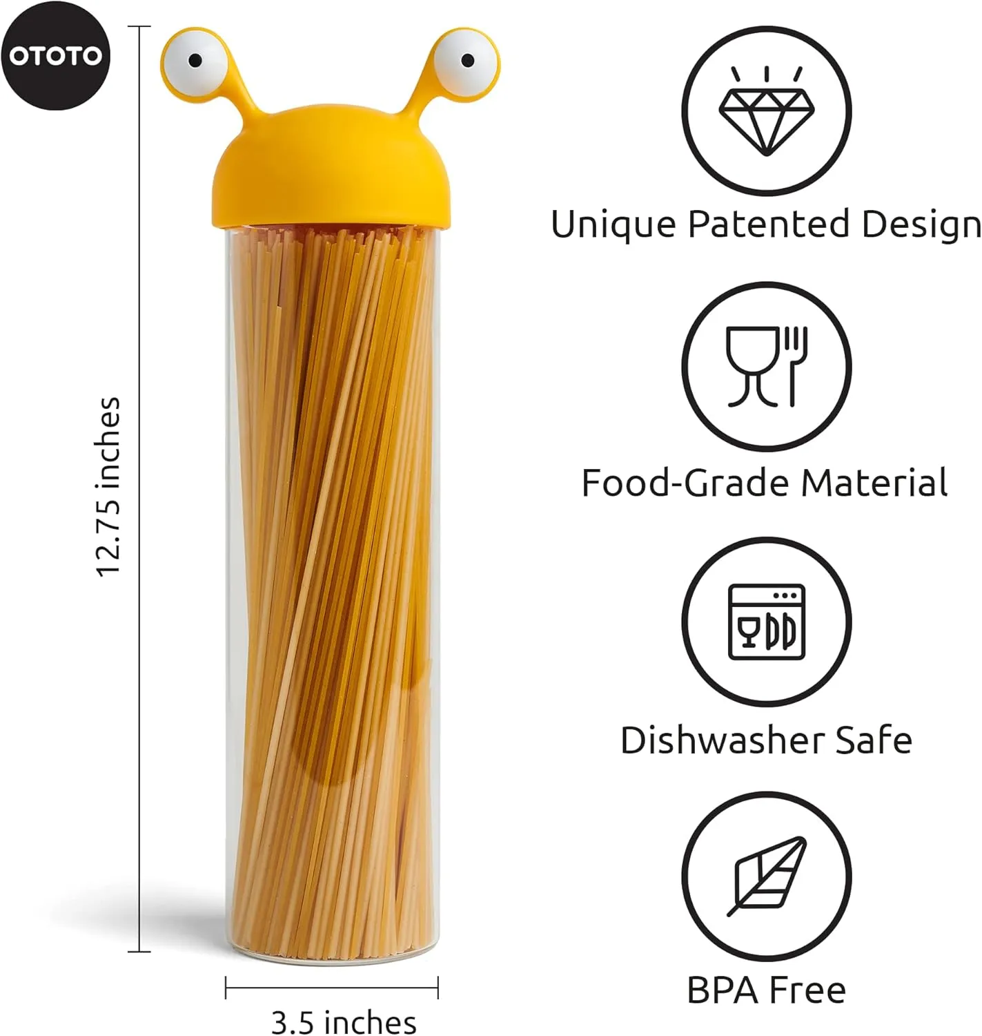 OTOTO Noodle Monster Spaghetti Container Storage for Pantry - BPA-free Glass, Airtight, Food Grade & Dishwasher Safe - Pasta Holder - 5x3.5x12.75 in