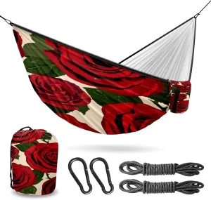 Outdoor Camping Hammock Vintage Red Rose Double Single Hammocks with 2 Tree Straps, Lightweight Portable Heavy Duty Nylon Hammocks for Backpacking Travel Beach Backyard Patio Hiking