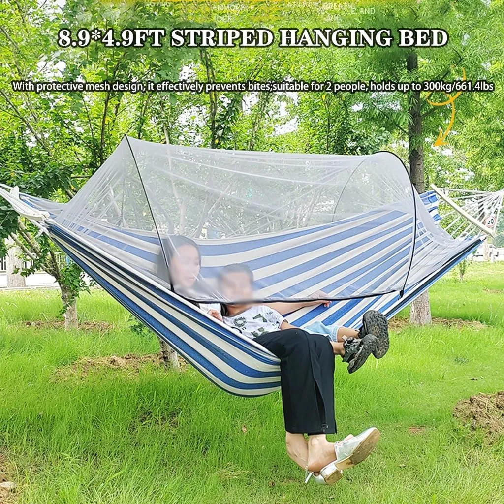 Outdoor Double Hammock with Protective Mesh, Camping Thick Canvas Hanging Bed, Storage Bag/tie Rope, Load Bearing 300kg/661.4lbs(Blue White)