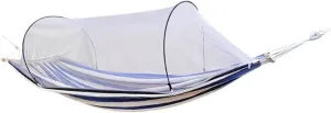 Outdoor Double Hammock with Protective Mesh, Camping Thick Canvas Hanging Bed, Storage Bag/tie Rope, Load Bearing 300kg/661.4lbs(Blue White)