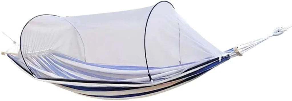 Outdoor Double Hammock with Protective Mesh, Camping Thick Canvas Hanging Bed, Storage Bag/tie Rope, Load Bearing 300kg/661.4lbs(Blue White)