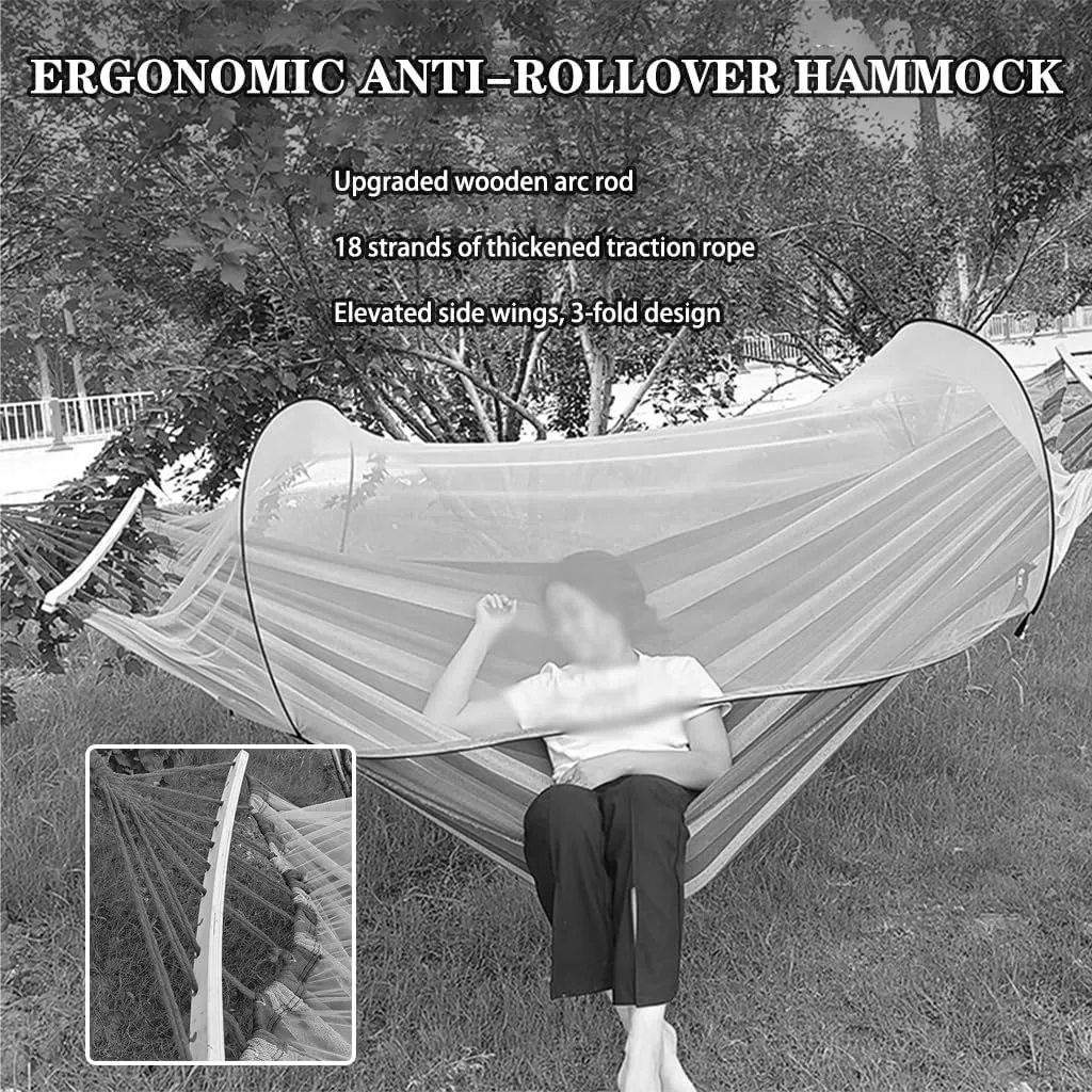 Outdoor Double Hammock with Protective Mesh, Camping Thick Canvas Hanging Bed, Storage Bag/tie Rope, Load Bearing 300kg/661.4lbs(Blue White)