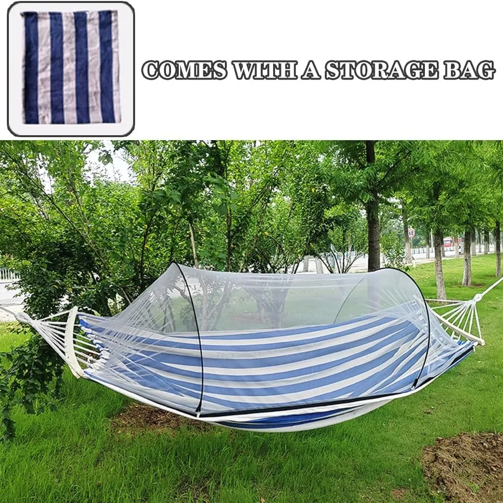 Outdoor Double Hammock with Protective Mesh, Camping Thick Canvas Hanging Bed, Storage Bag/tie Rope, Load Bearing 300kg/661.4lbs(Blue White)